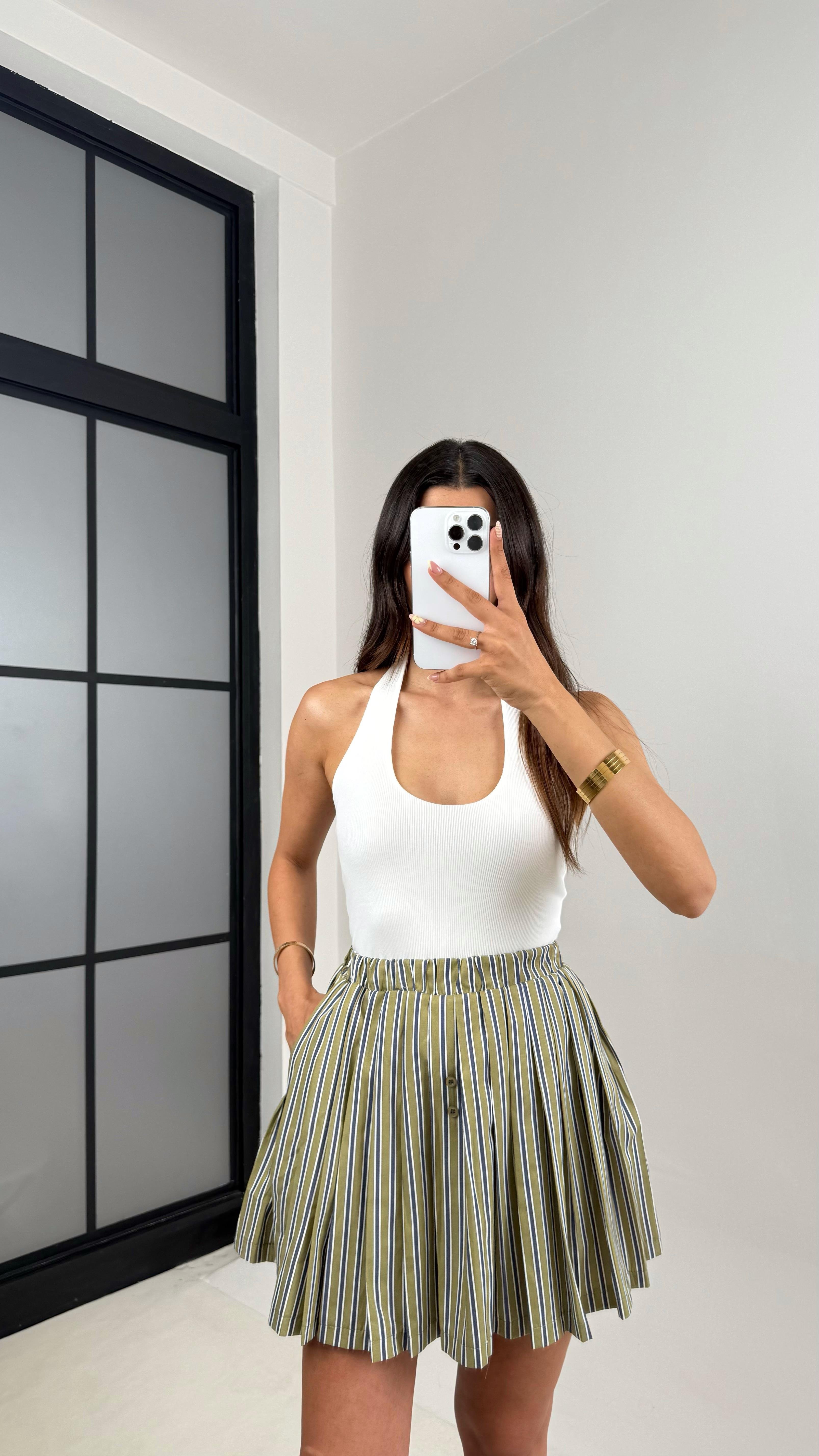 Yeşil Antrasit Şeritli Pileli Şort Etek Gaus00650GausETEKGU1002511