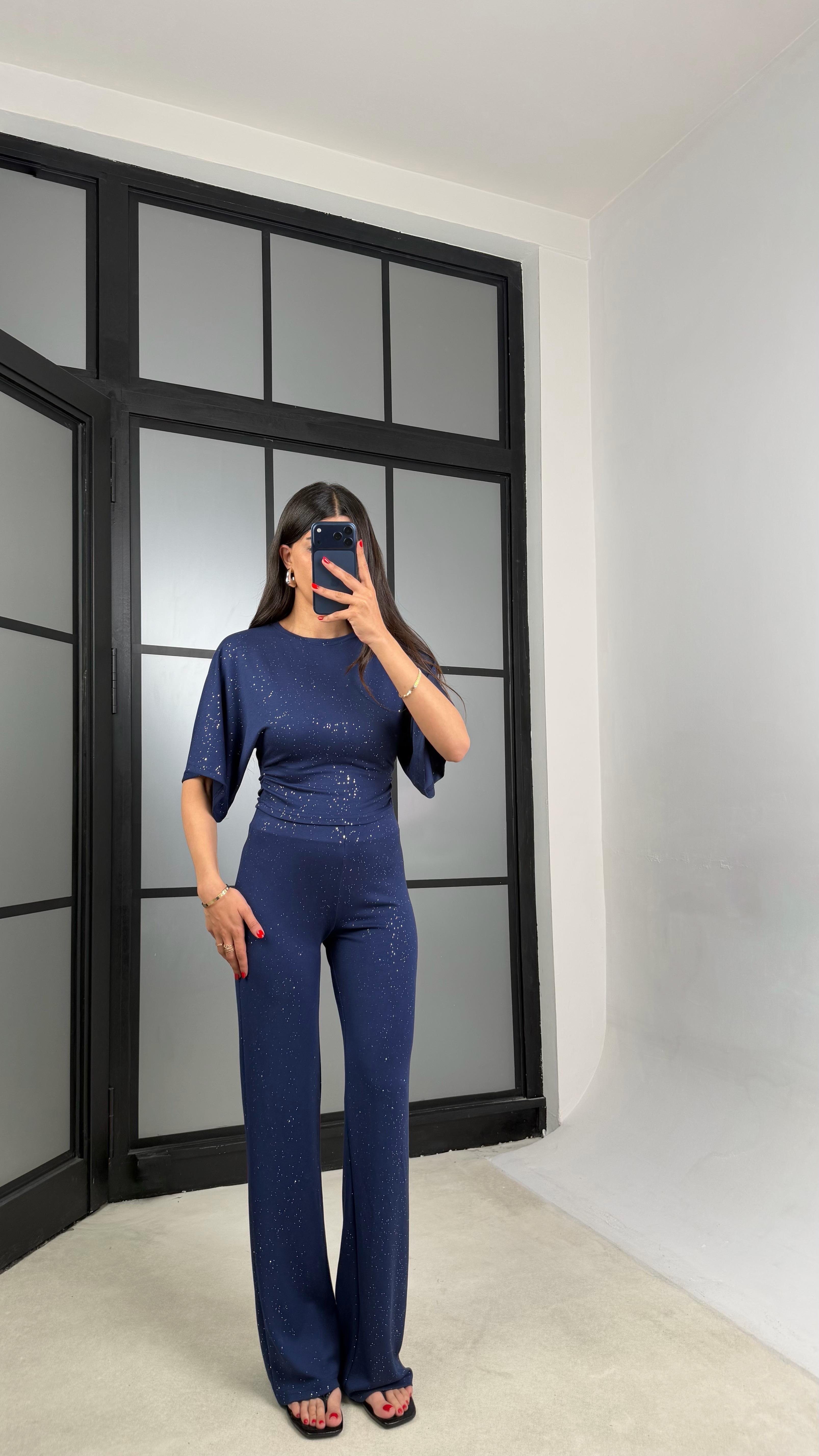 Lacivert Simli Bluz Beli Lastikli Pantolon İkili Takım GAUS-01554GAUSTAKIMGAUS-01554