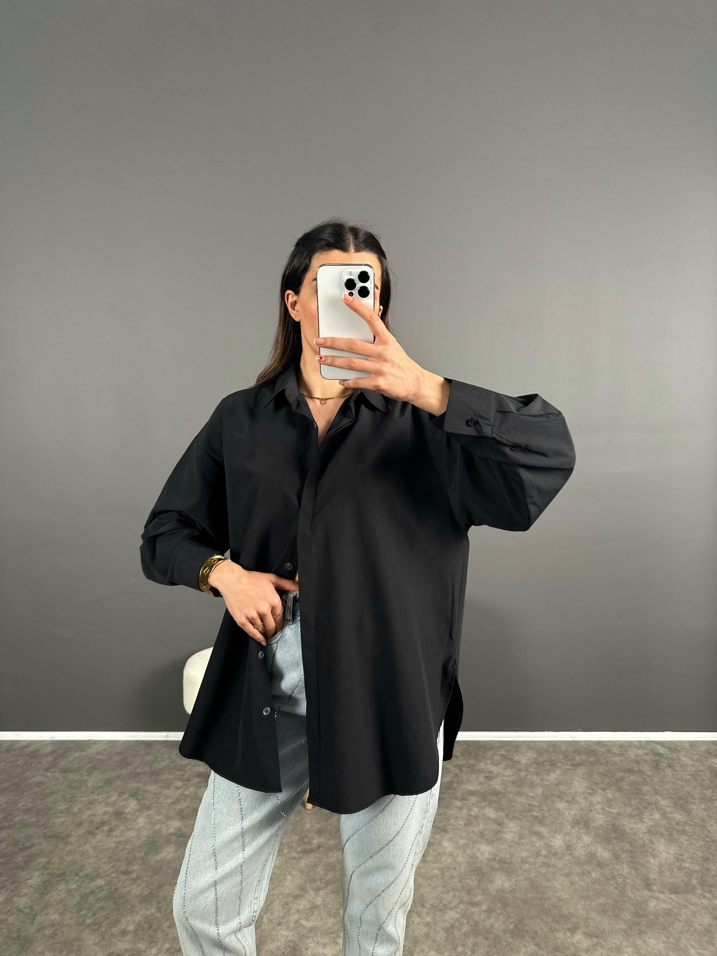 Min Siyah Oversize Gizli Düğmeli Gömlek 