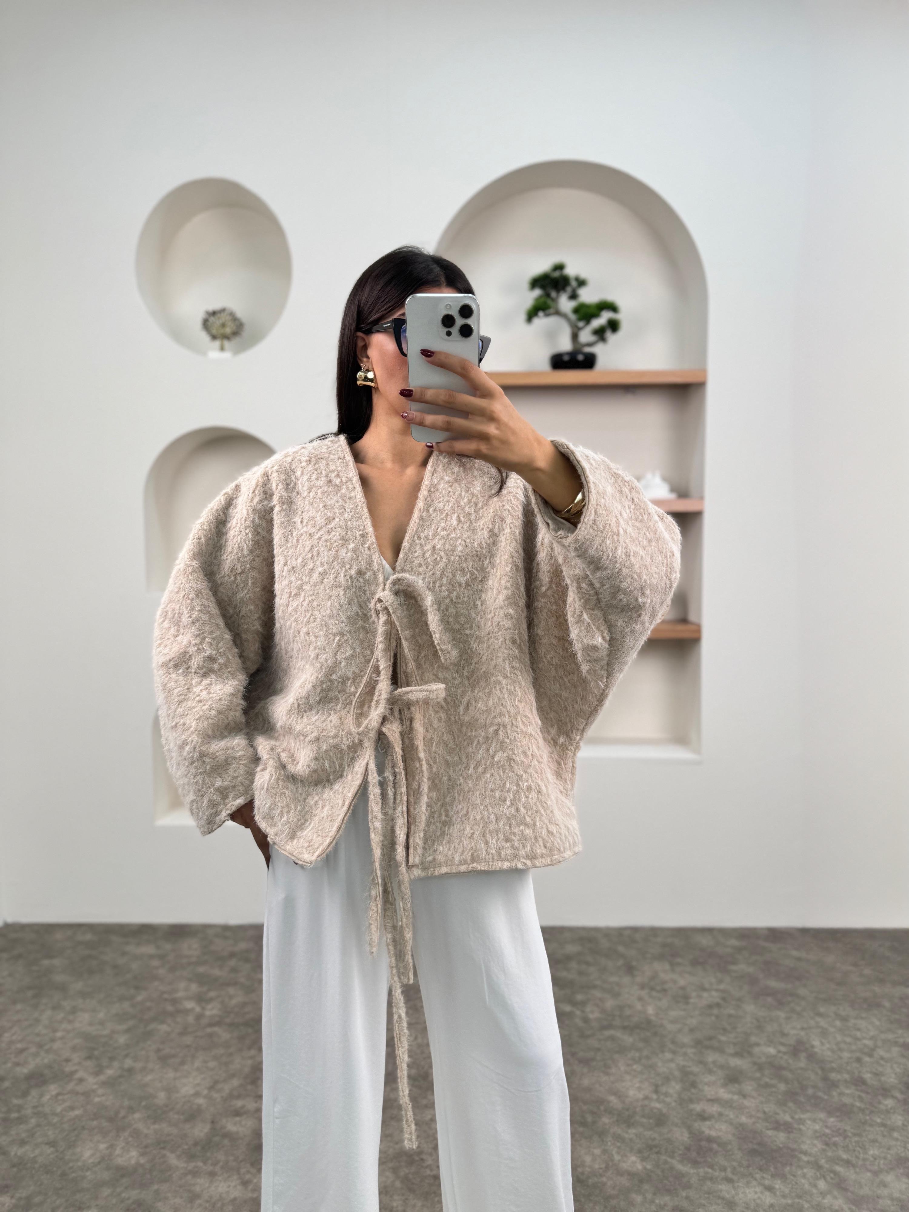 Loren Bej Kırçıllı Astarlı Önden Bağlamalı Premium Ceket