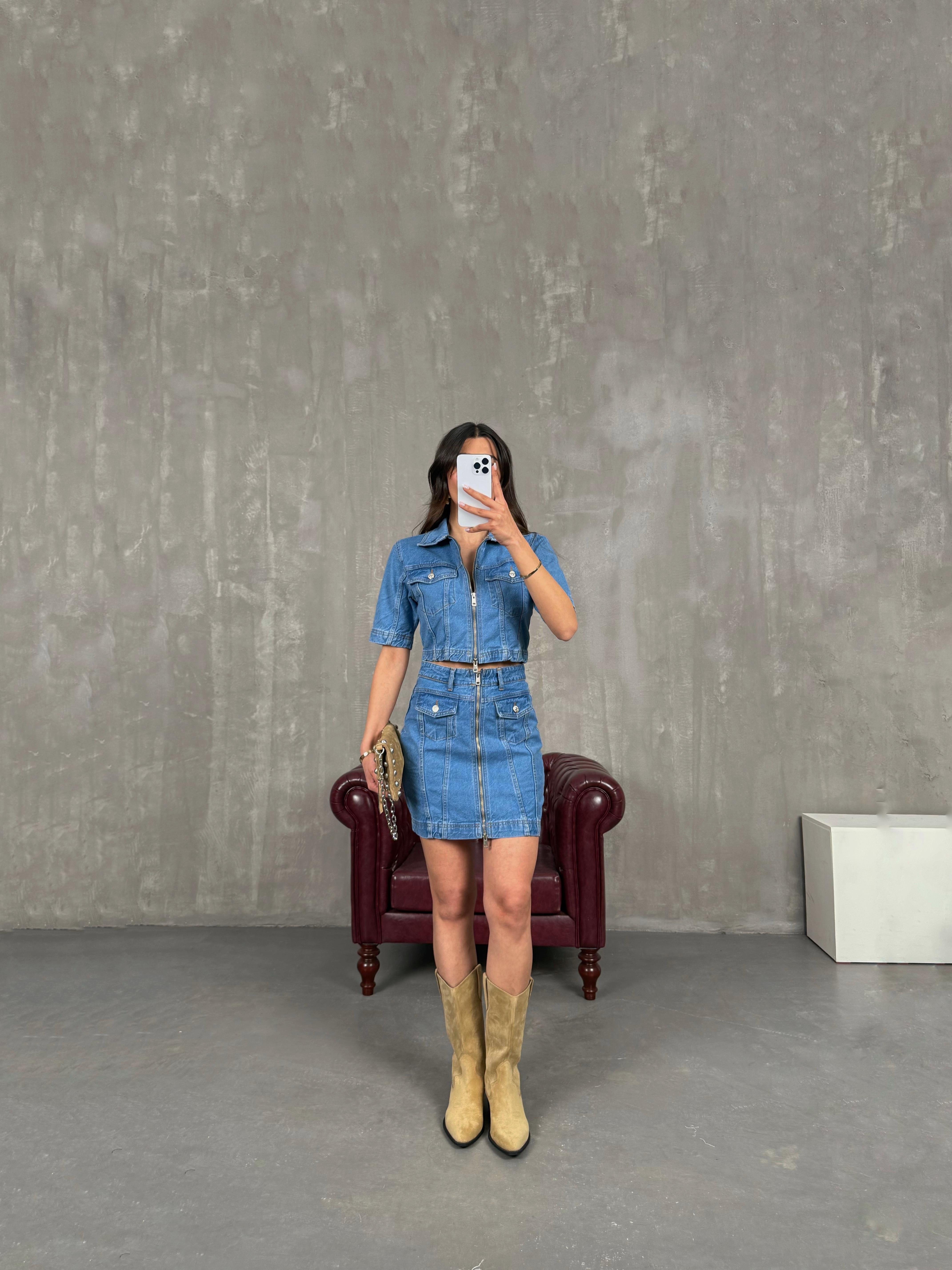 Mavi Cepli Önü Fermuarlı Denim Etekli Takım Gaus00259GausTAKIMGU1001600