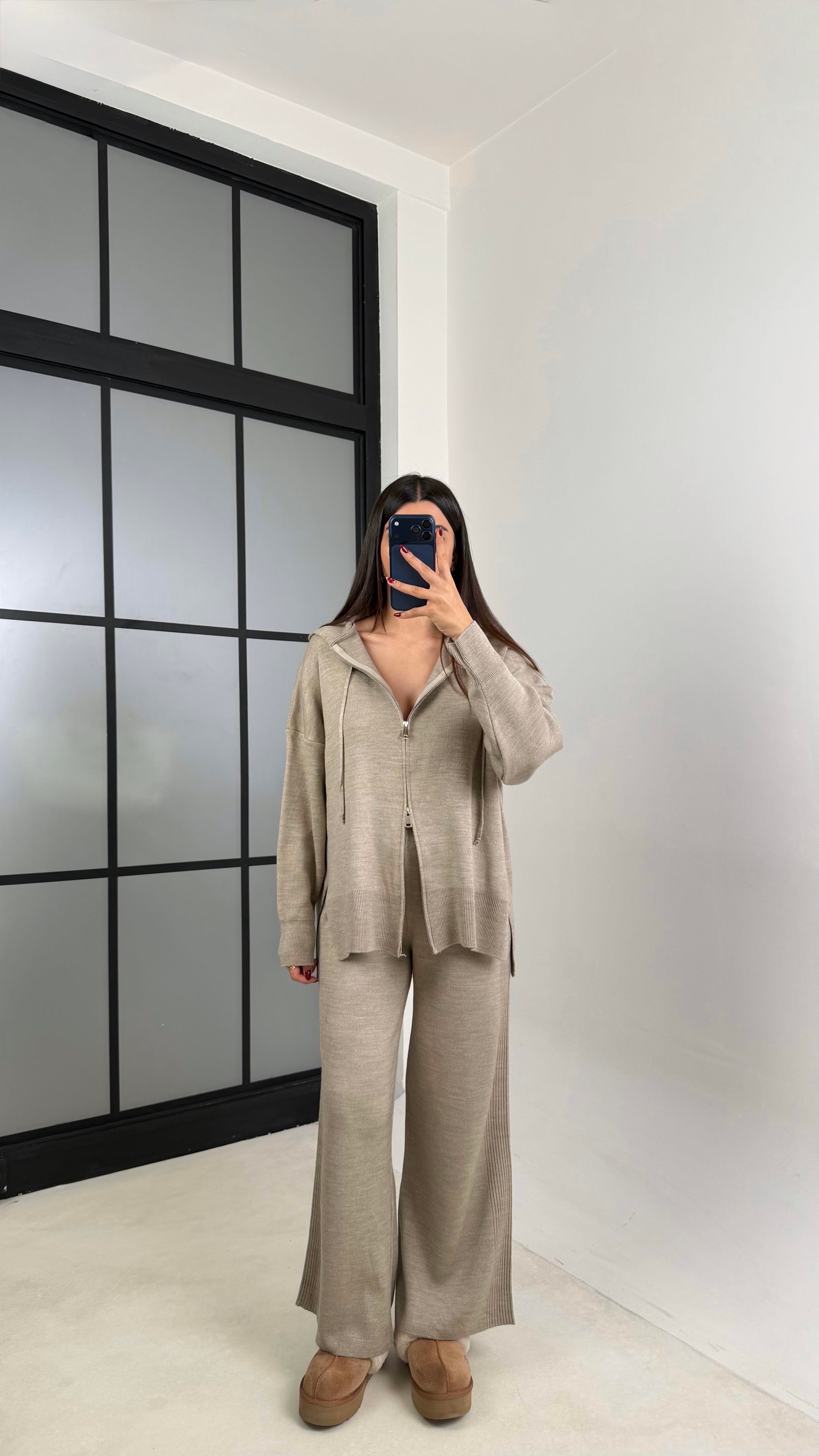 Vizon Çift Fermuarlı Kapüşonlu Hırka Beli Lastikli Pantolon İkili Triko Takım GAUS-00676GAUSTAKIMGAUS-00676