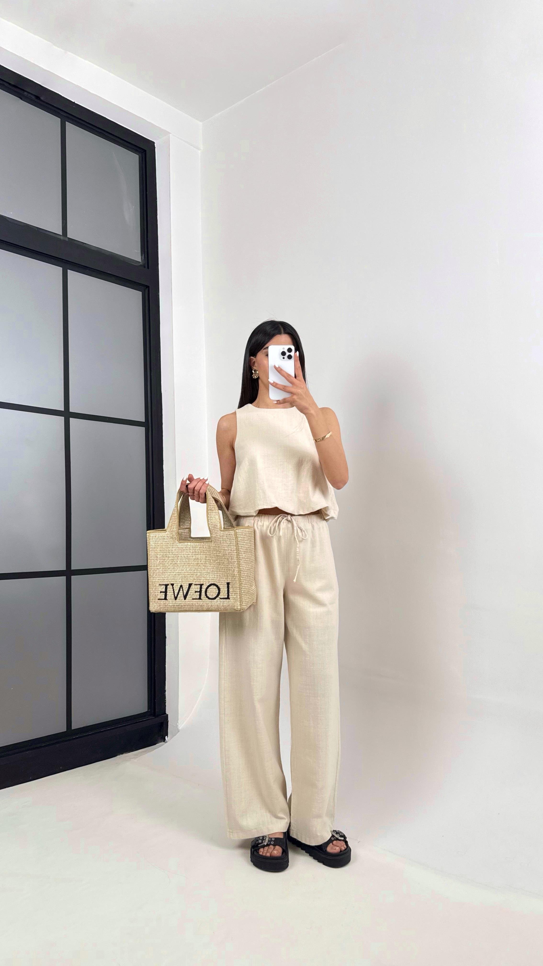 Taş Balon Üst Beli Lastikli Pantolon Astarlı Keten Takım Gaus00353GausTAKIMGU1001820