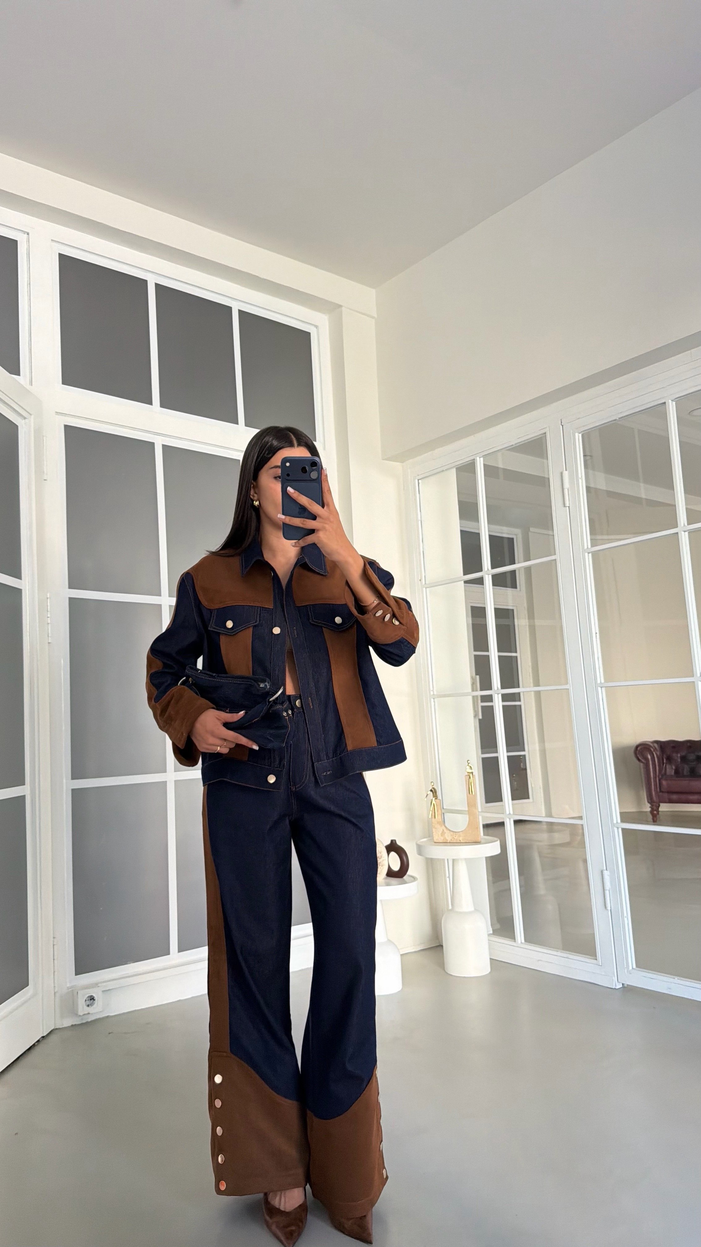 Lacivert Süet Detaylı Denim İkili Takım GAUS-02122GAUSTAKIMGAUS-02122