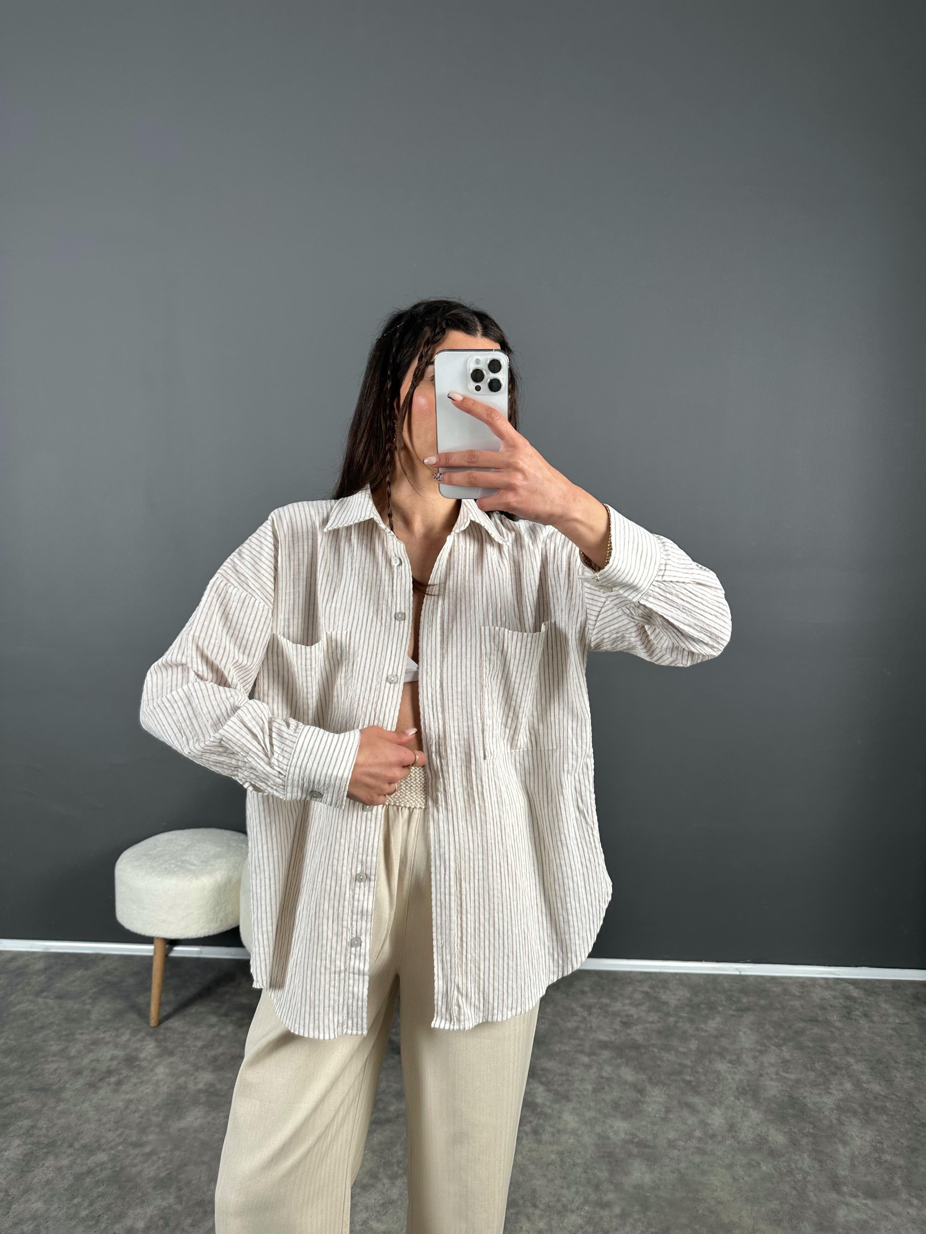 Kahverengi Çizgili Premium Keten Çift Cepli Gömlek 