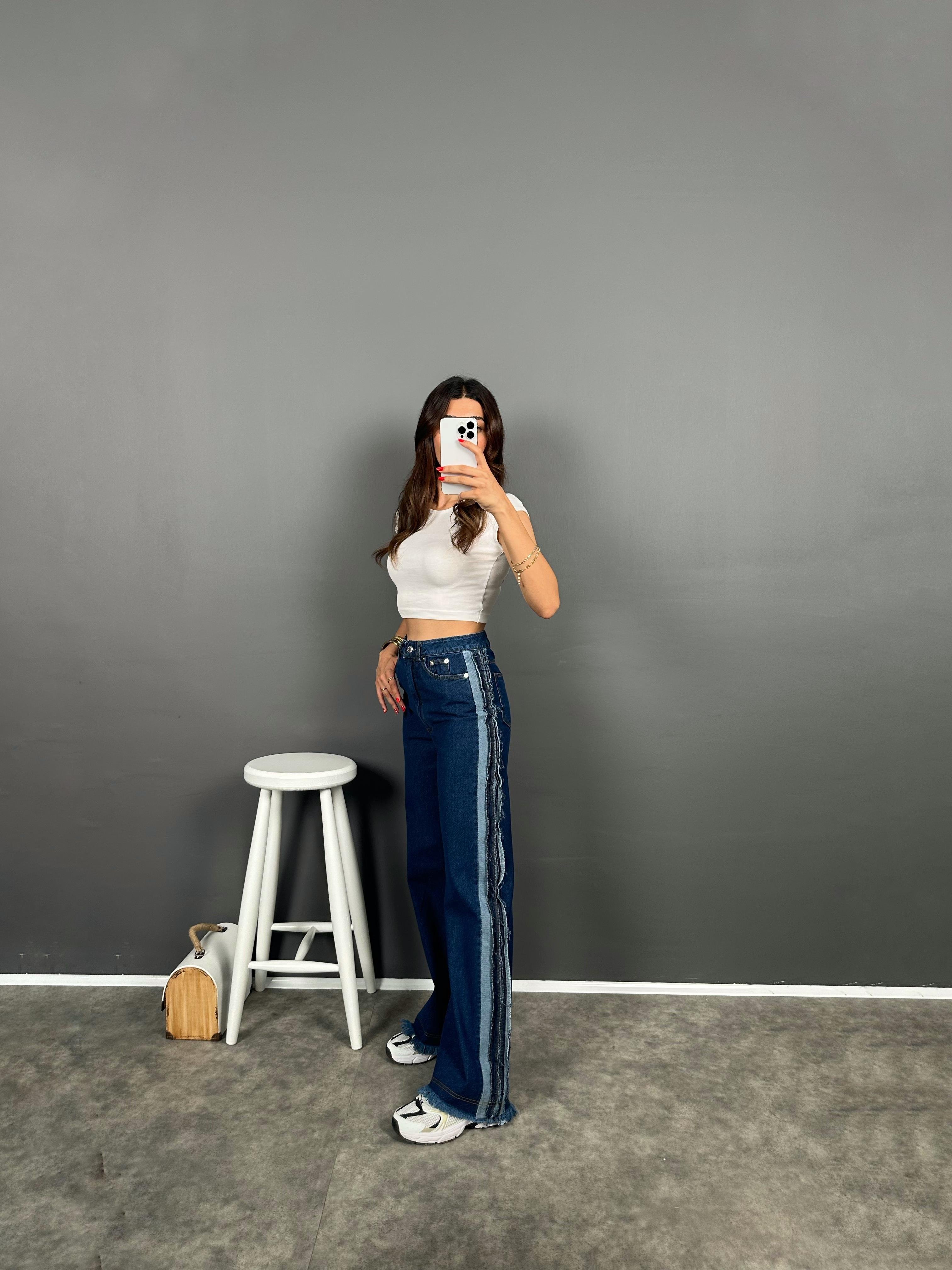 Drew Night Blue Püsküllü Denim Wide Leg Jean