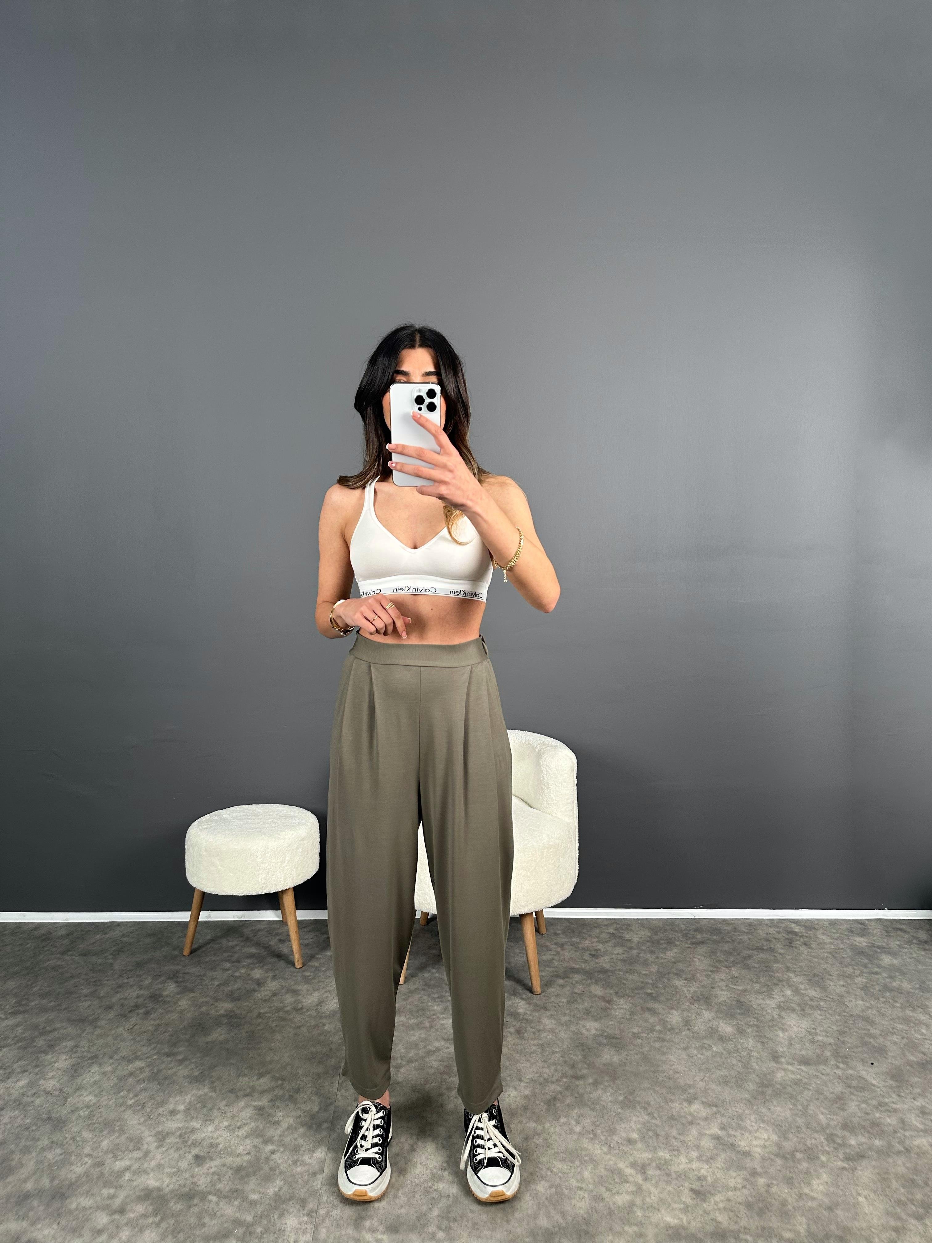 Tanya Haki Yazlık Modal Kumaş Harem PantolonGausPANTOLONGU004586