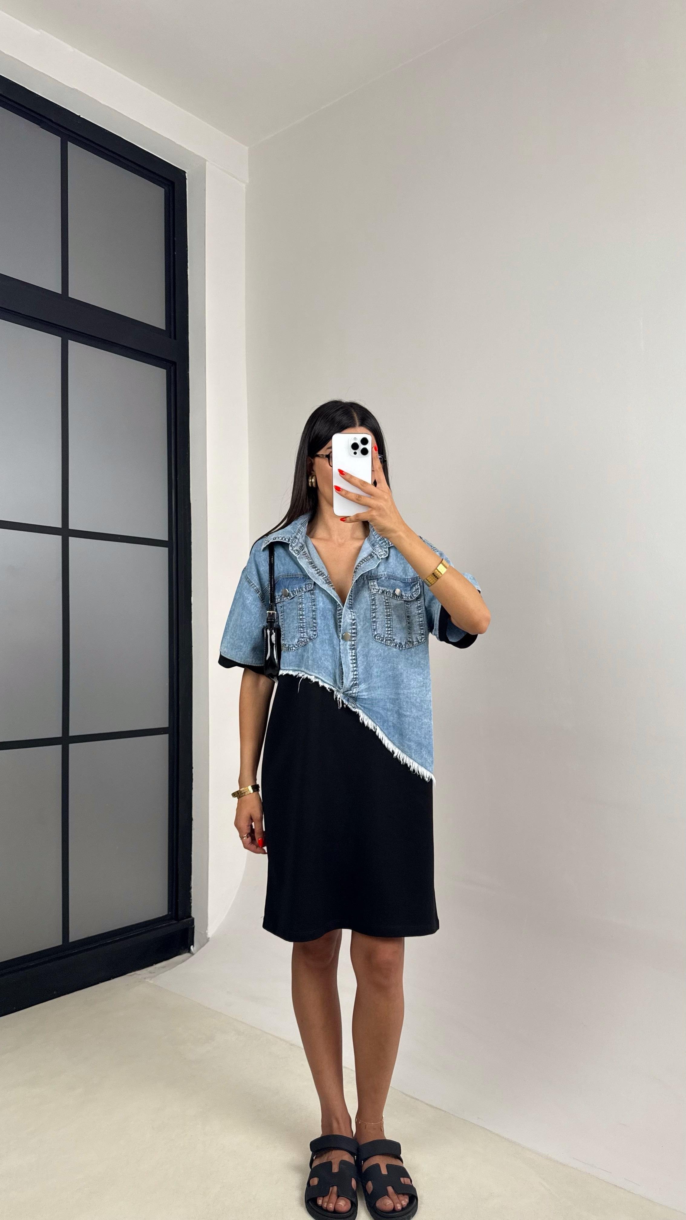Siyah Önü Düğmeli Denim Üst Bloklu Elbise GAUS-0038GAUSELBİSEGAUS-0038
