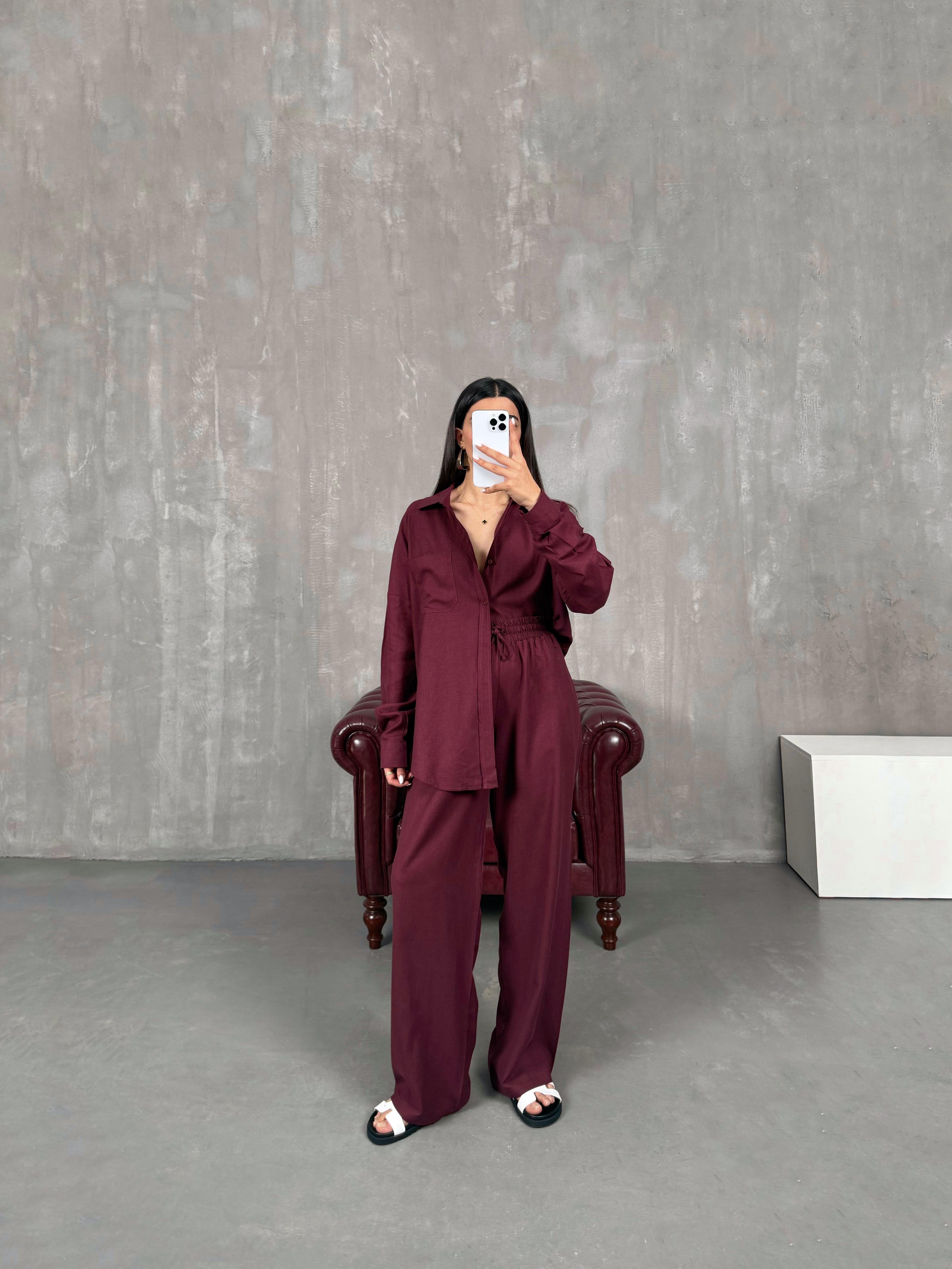 طقم مُعادل كتان لون بوردو بنطال قميص Gaus00080