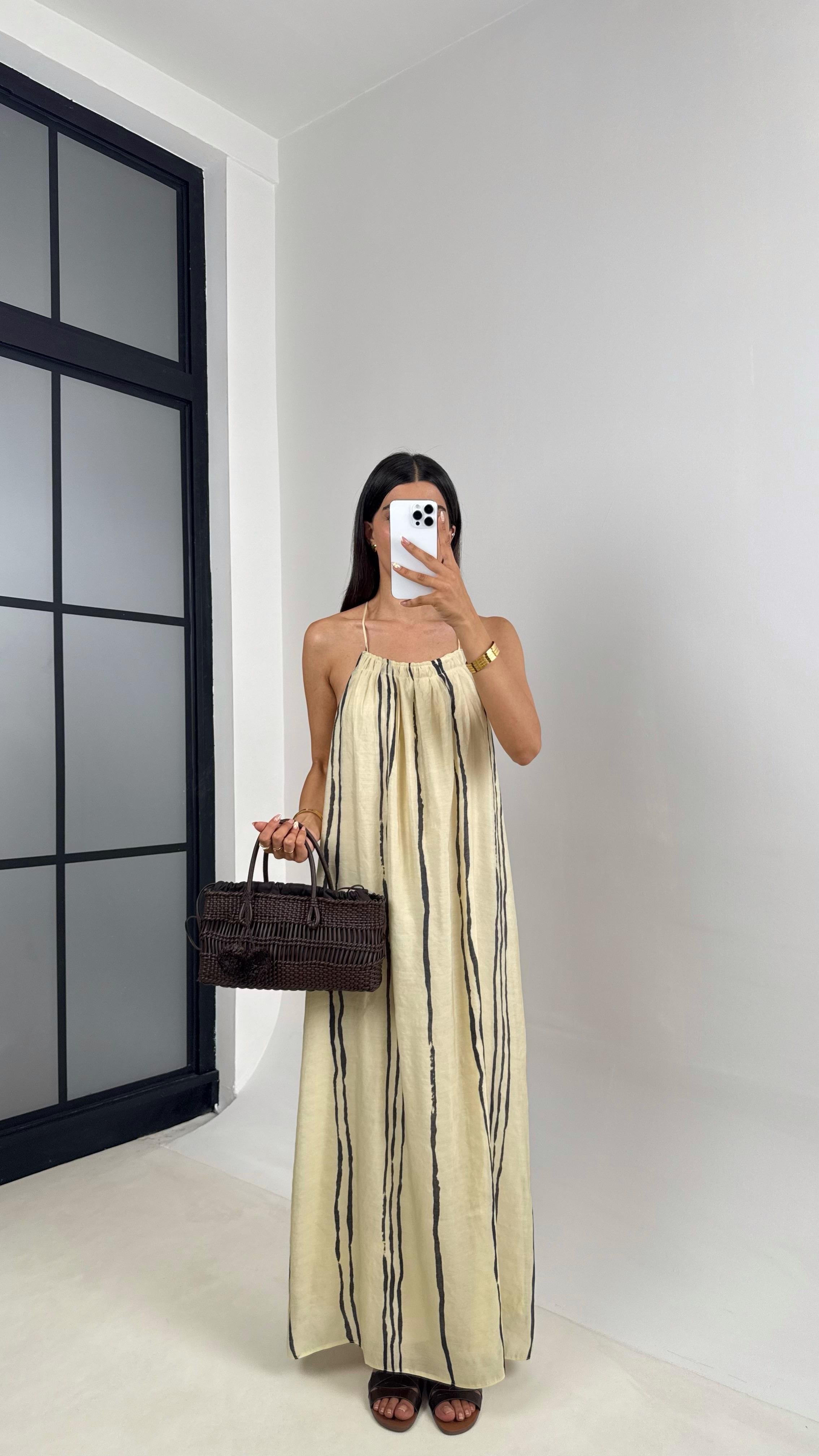 Krem Şerit Detaylı Askılı Astarlı Şifon Elbise Gaus00686GausELBİSEGU1002582