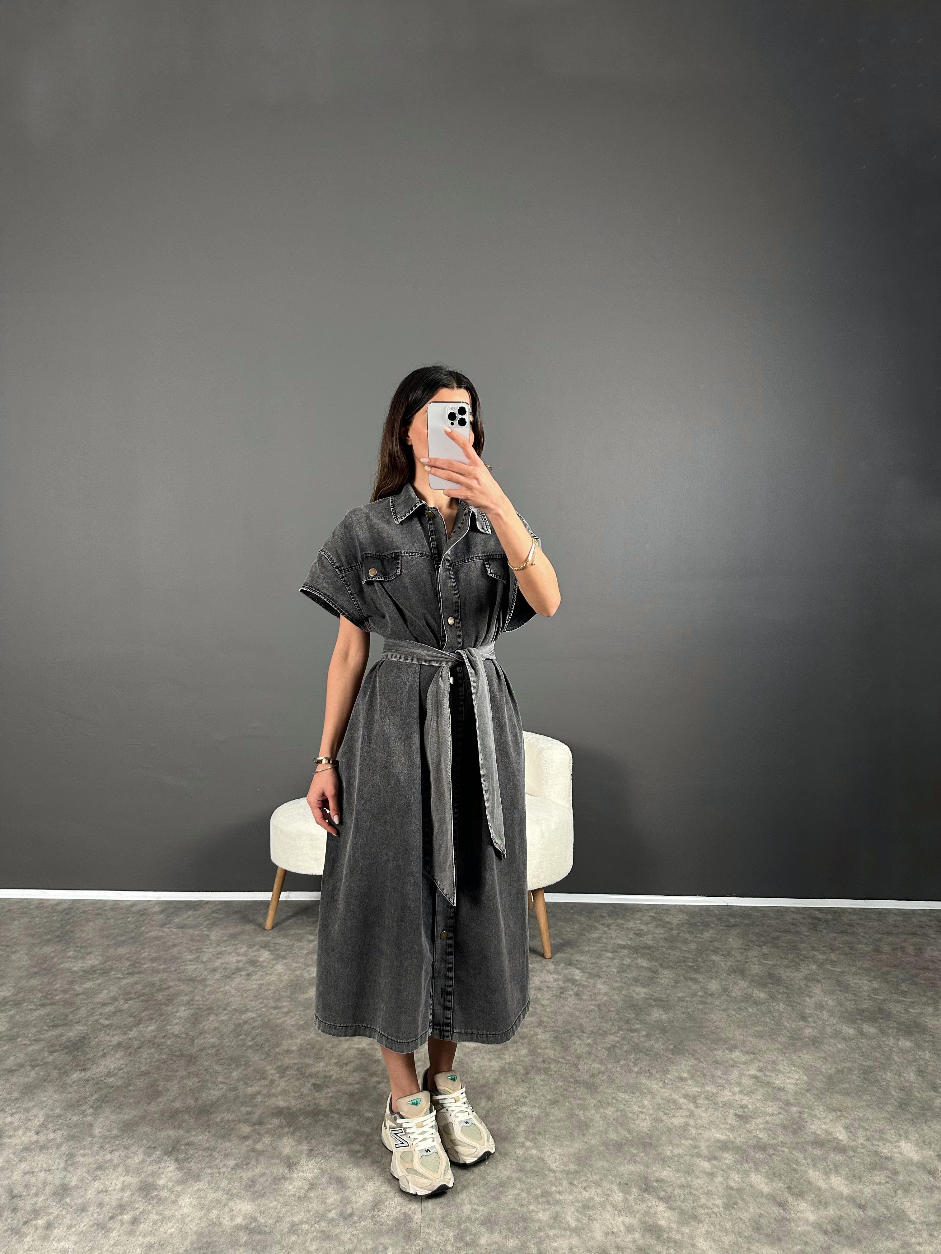 Vogi Füme Premium Kalite Oversize Uzun Kemerli Kot Elbise GausELBİSEGU004501