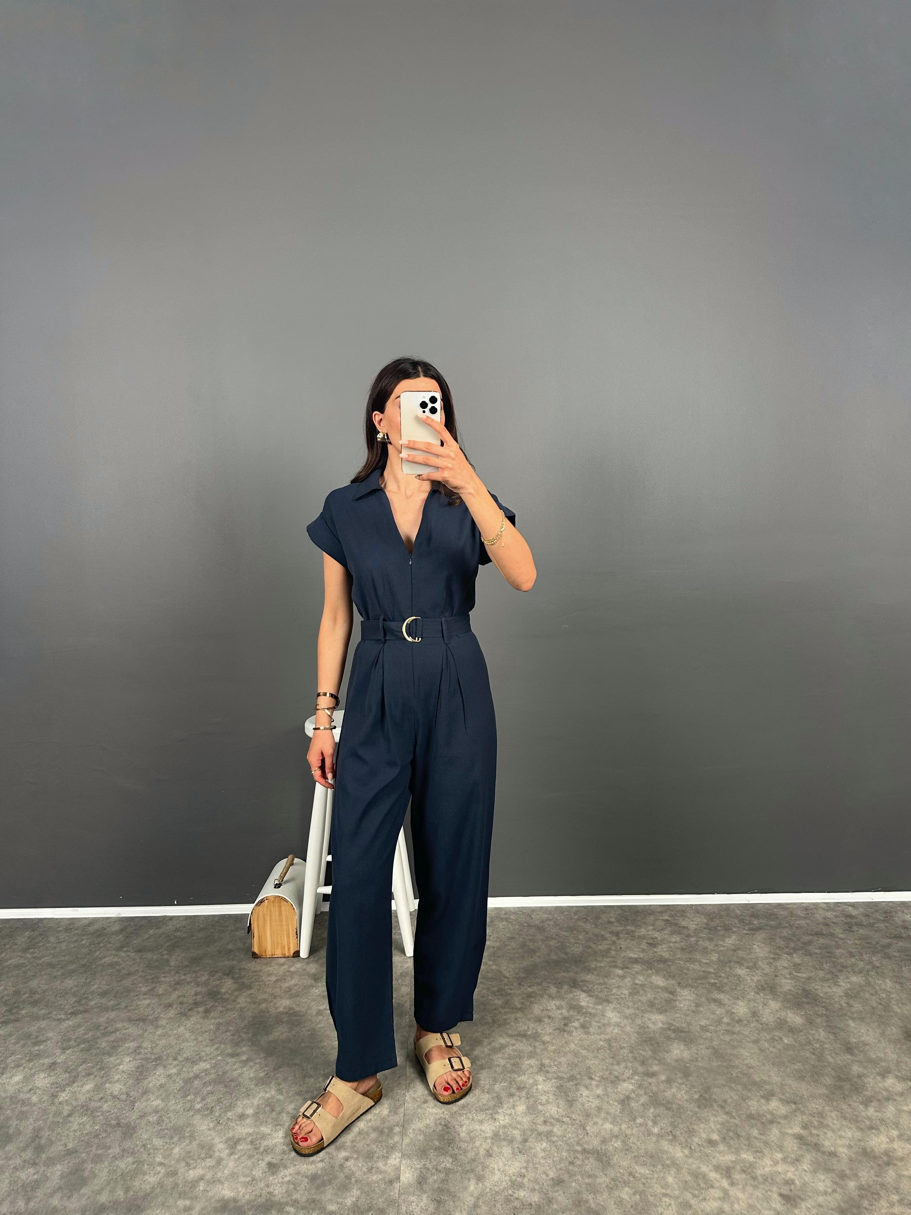 Tatissi Lacivert Kemer Bağlamalı V Yaka Keten Tulum