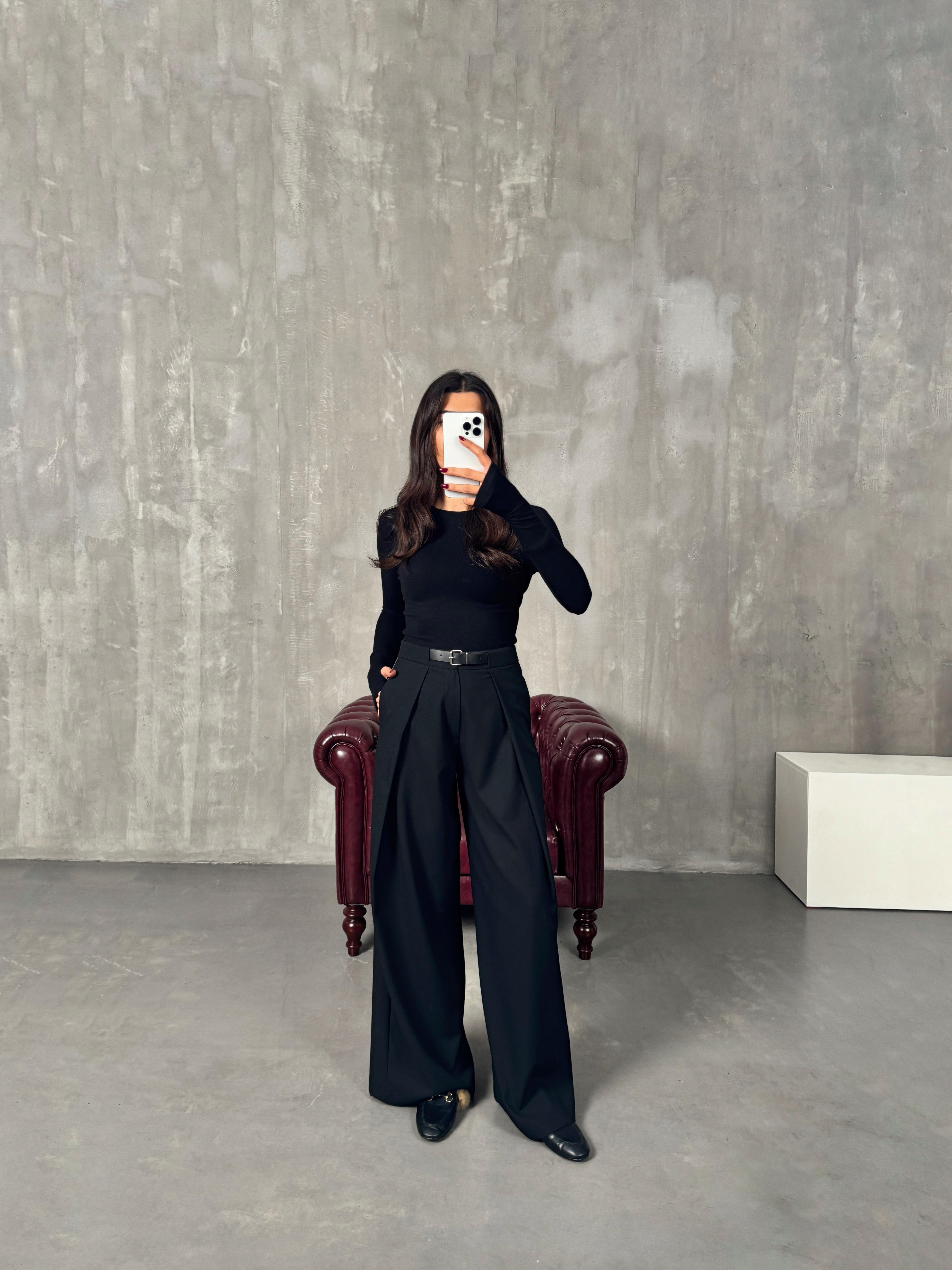 Piqu Siyah ZR Muadil Kemerli PantolonGausPANTOLONGU00903897