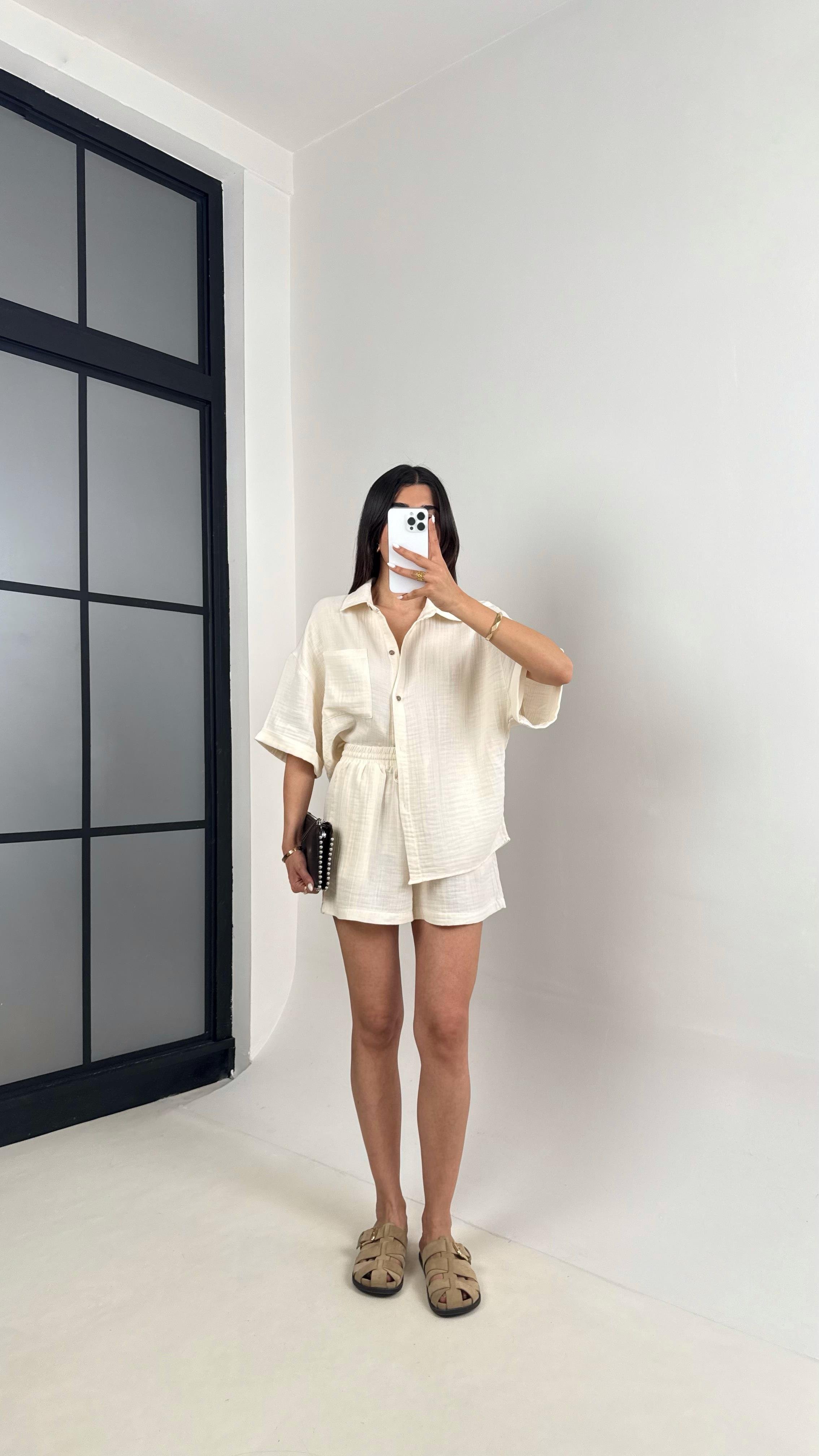 Taş Cepli Gömlek Beli Lastikli Şort Müslin Takım Gaus00445GausTAKIMGU1002039