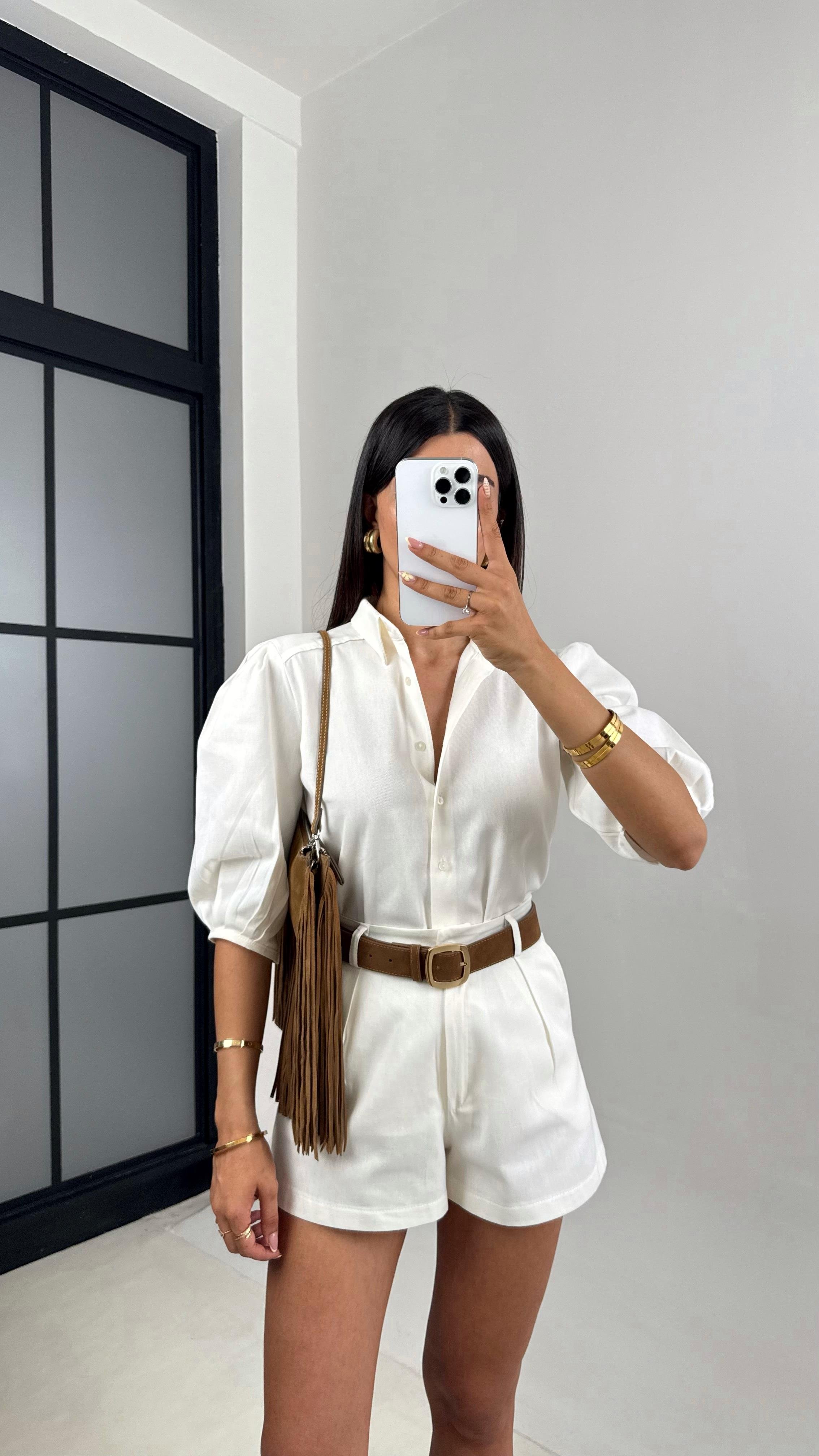 Beyaz Balon Kol Gömlek Şortlu Premium Keten Takım Gaus00675GausTAKIMGU1002556