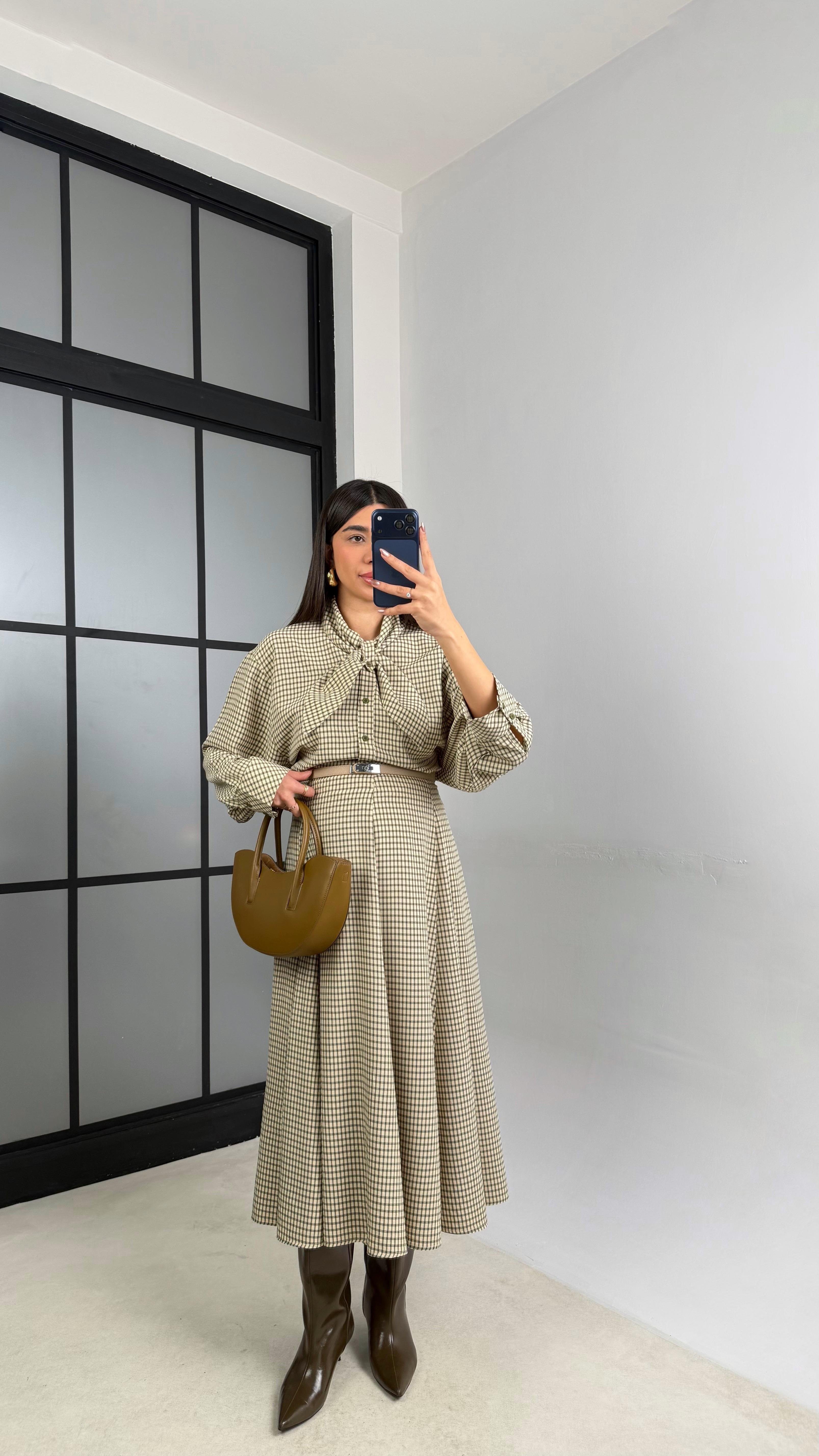 Yeşil Fular Detaylı Gömlek Etek İkili Ekoseli Takım GAUS-00980GAUSTAKIMGAUS-00980