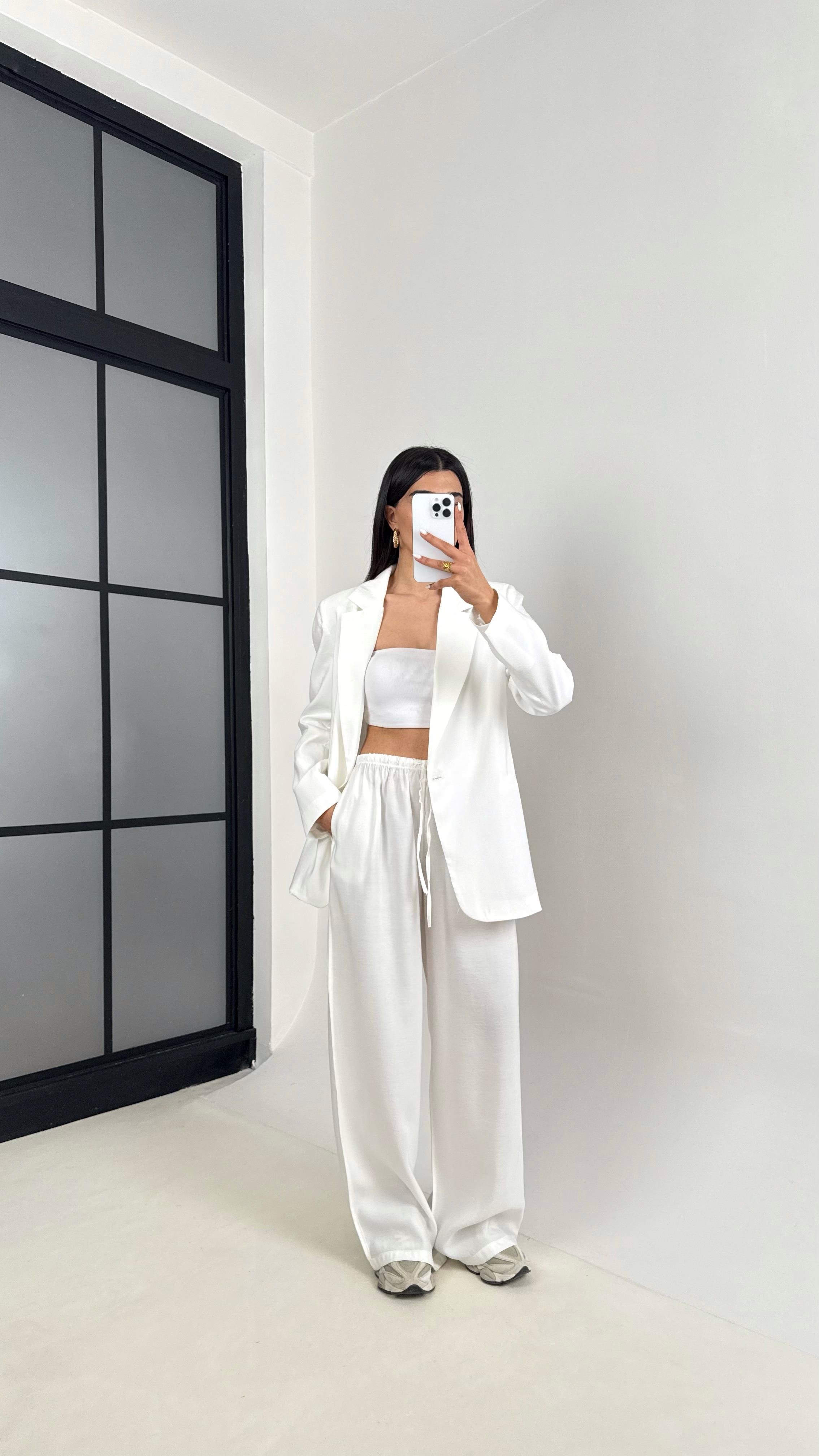 Beyaz Astarlı Blazer Ceket Beli Lastikli Pantolon Tensel Takım Gaus00444GausTAKIMGU1002035