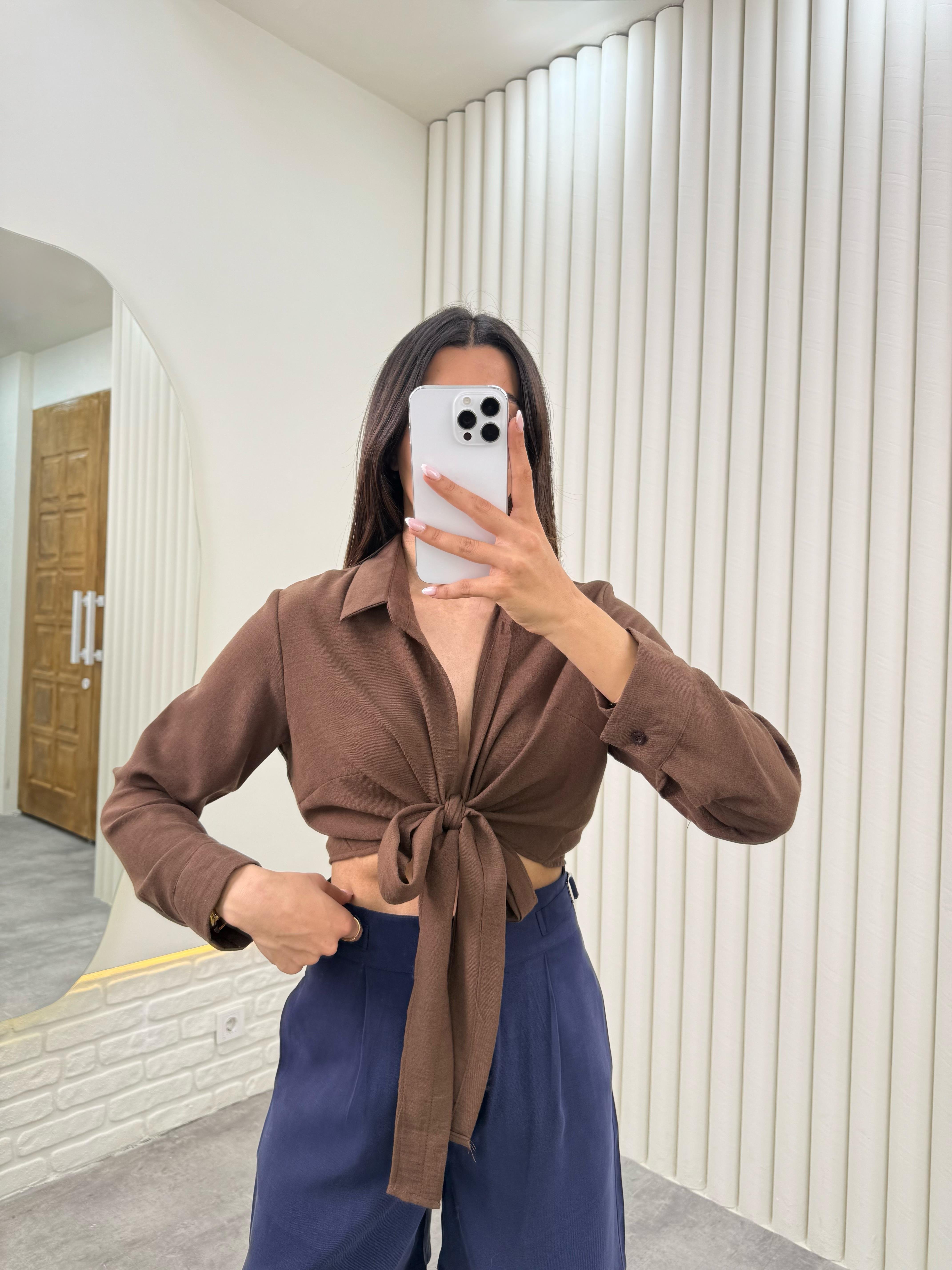 Kahve Önü Bağlamalı Premium Keten Gömlek Gaus00319GausGÖMLEKGU1001733