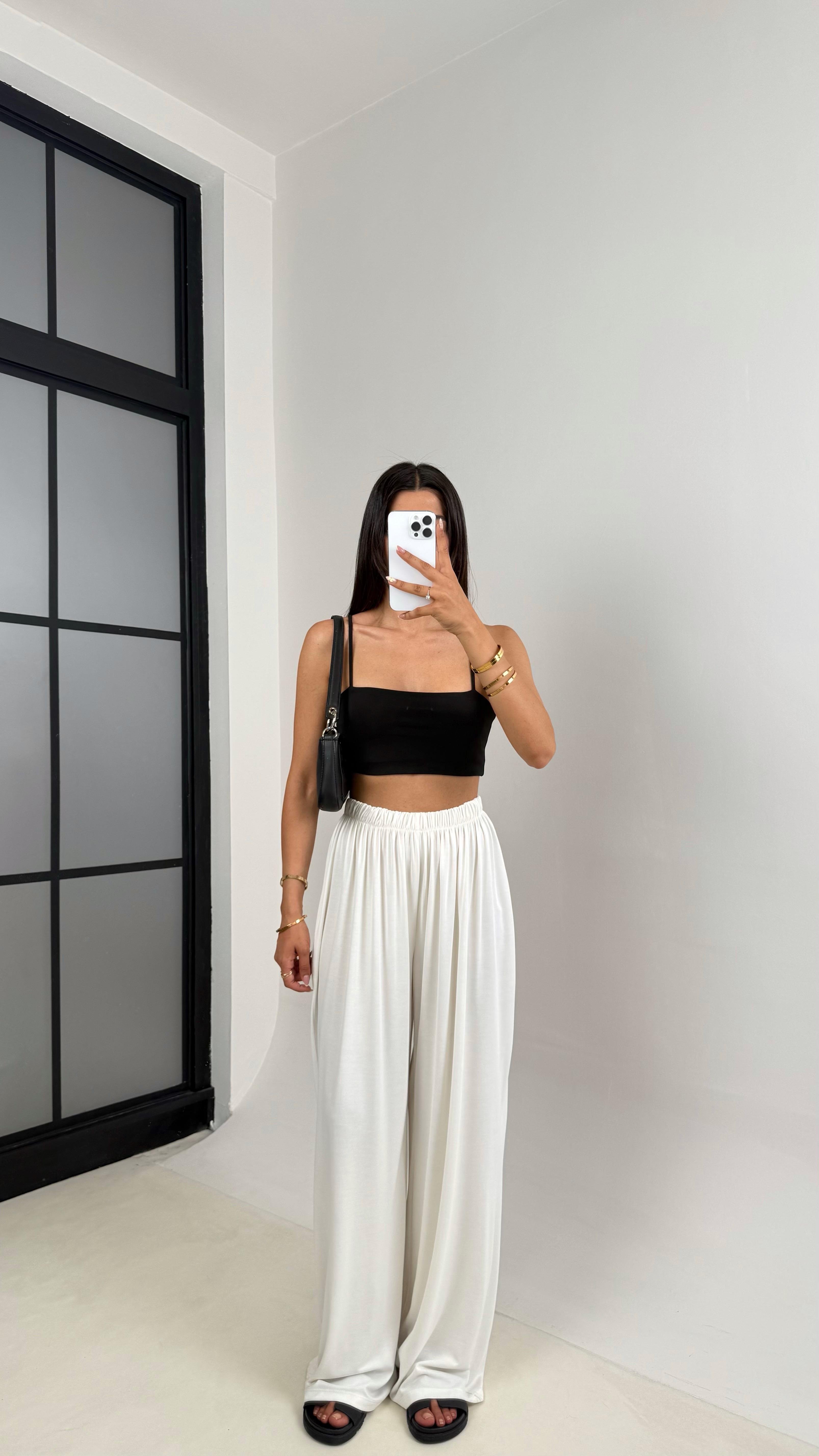 Beyaz Beli Lastikli Modal Kumaş Pantolon Gaus00668GausPANTOLONGU1002542