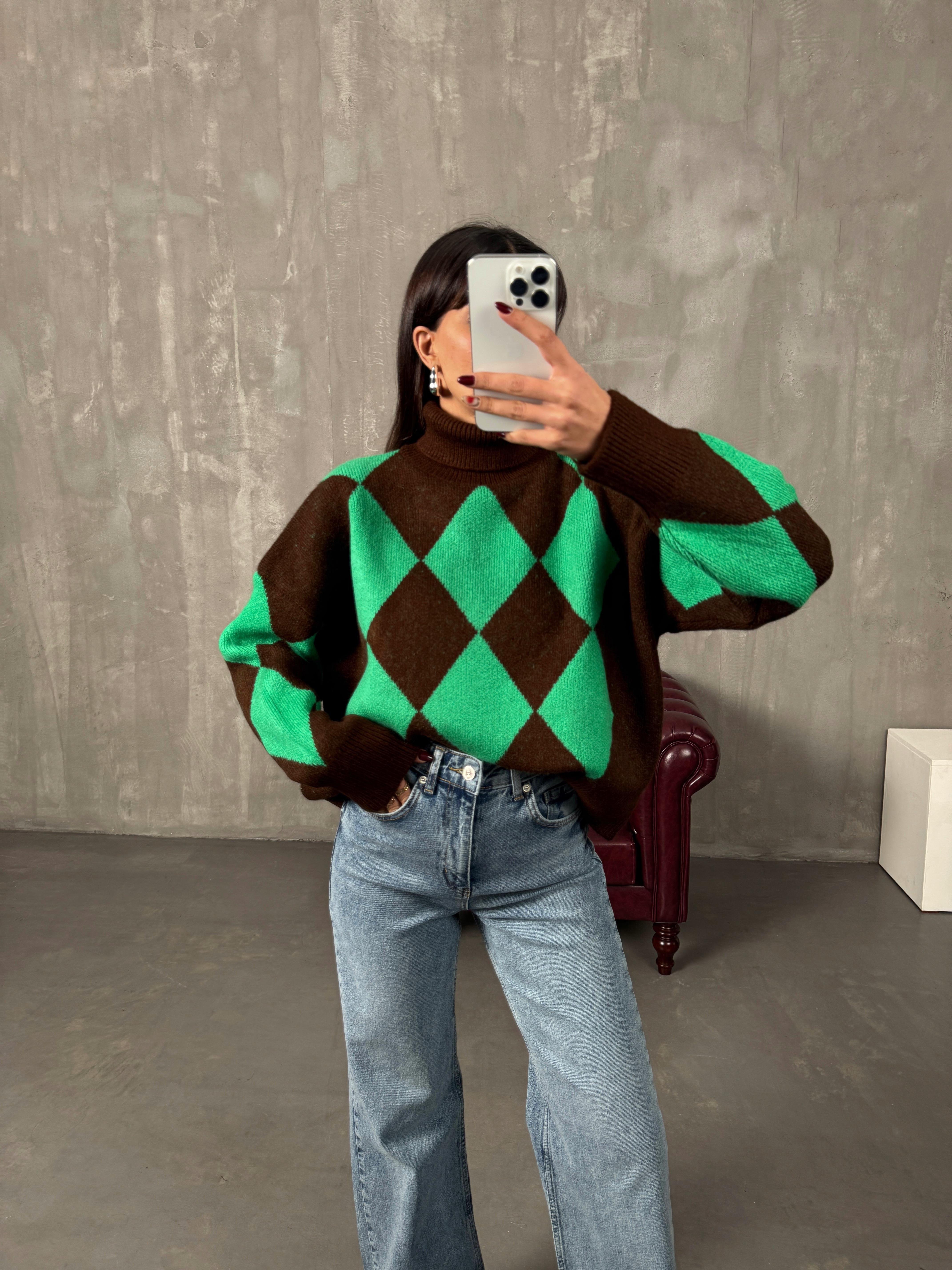 Lowe Yeşil Kahve Balıkçı Yaka Vintage Baklava Desen Kazak