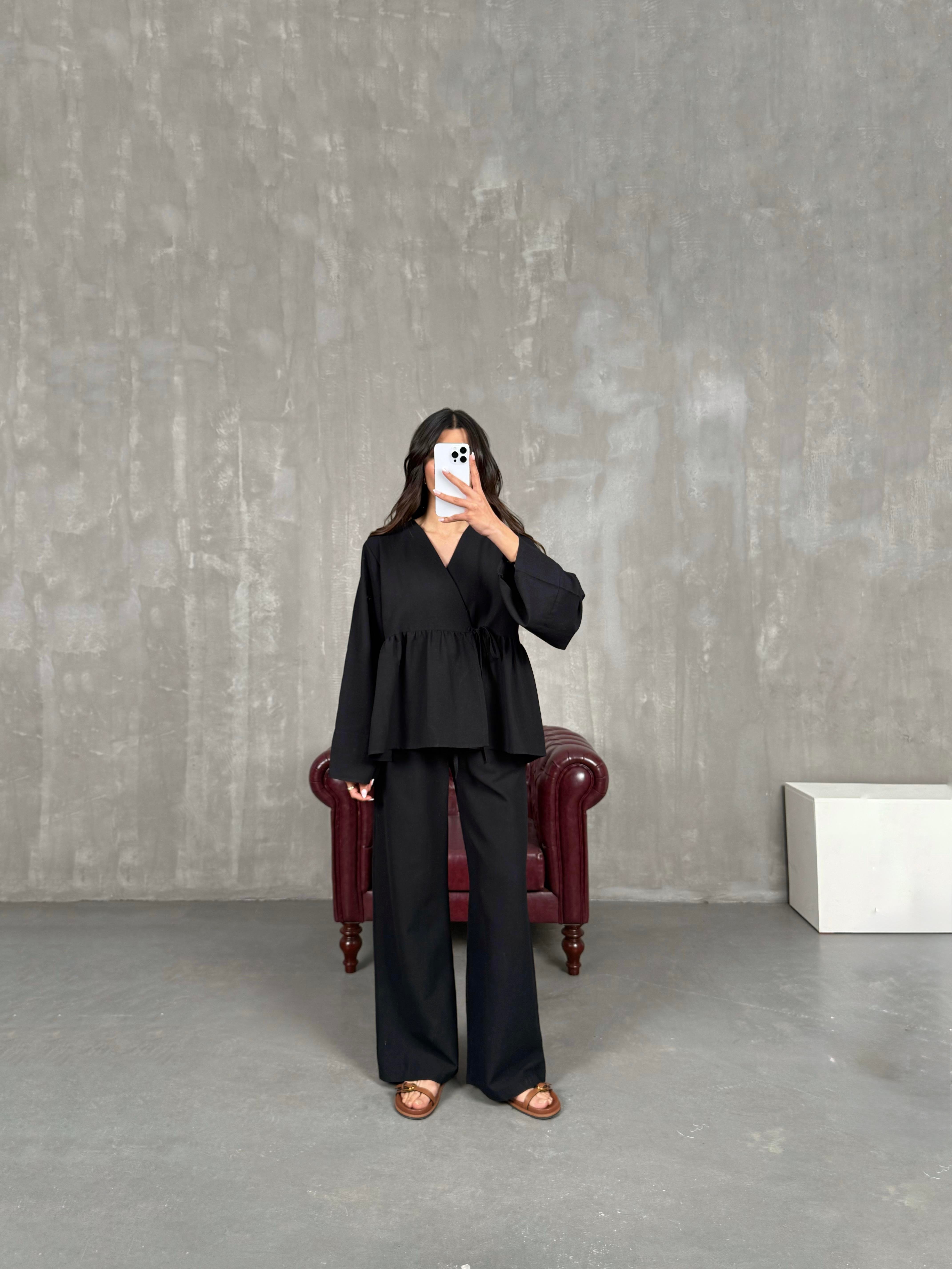 Siyah Önü Bağlamalı Gömlek Beli Lastikli Pantolon İkili Keten Takım Gaus00262GausTAKIMGU1001605