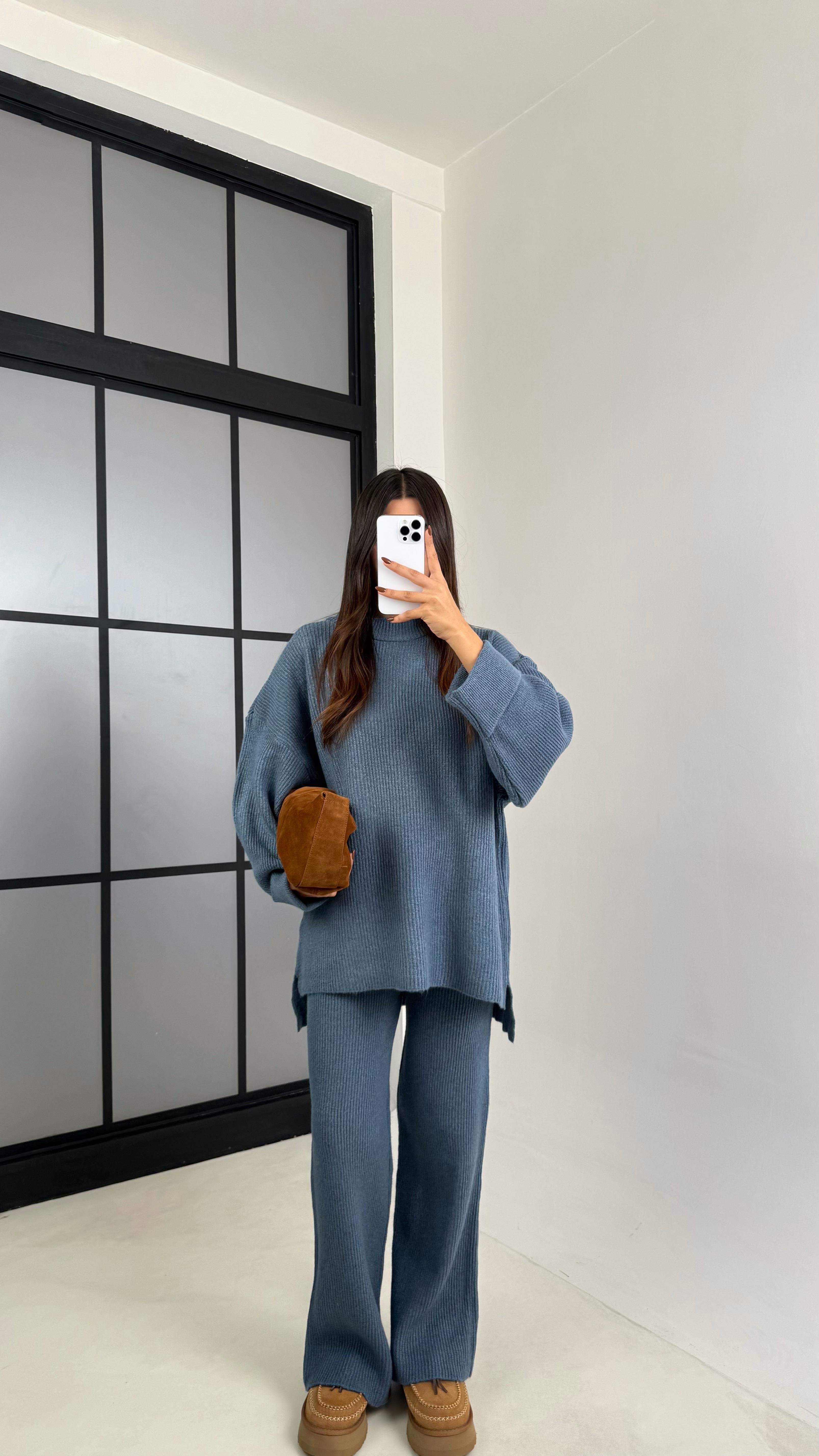 Mavi Duble Kol Kazak Beli Lastikli Pantolon Triko Takım GAUS-00200GAUSTAKIMGAUS-00200