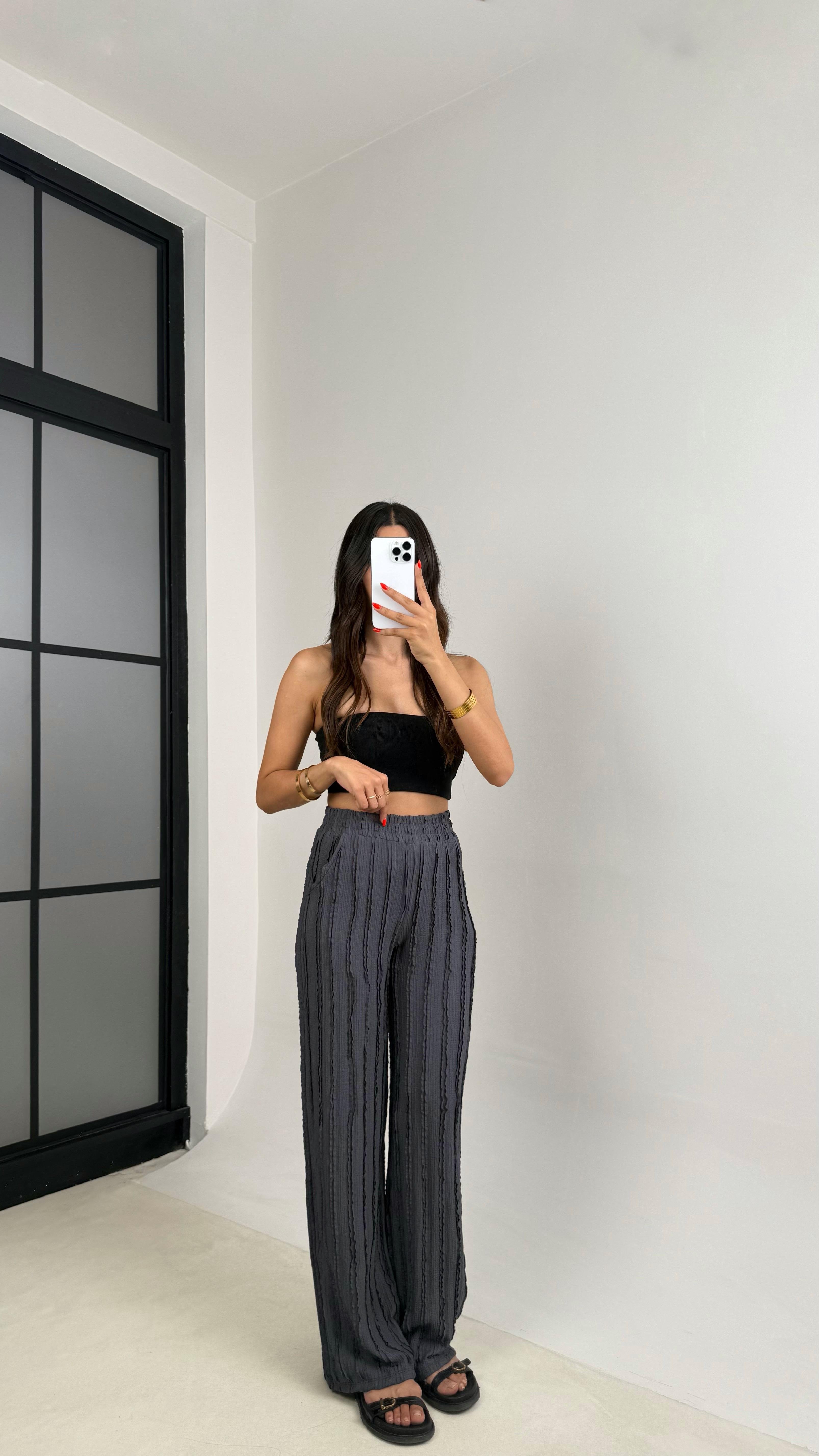 Antrasit Beli Lastikli Krinkıl Kumaş Tasarım Pantolon GAUS-0031GAUSPANTOLONGAUS-0031