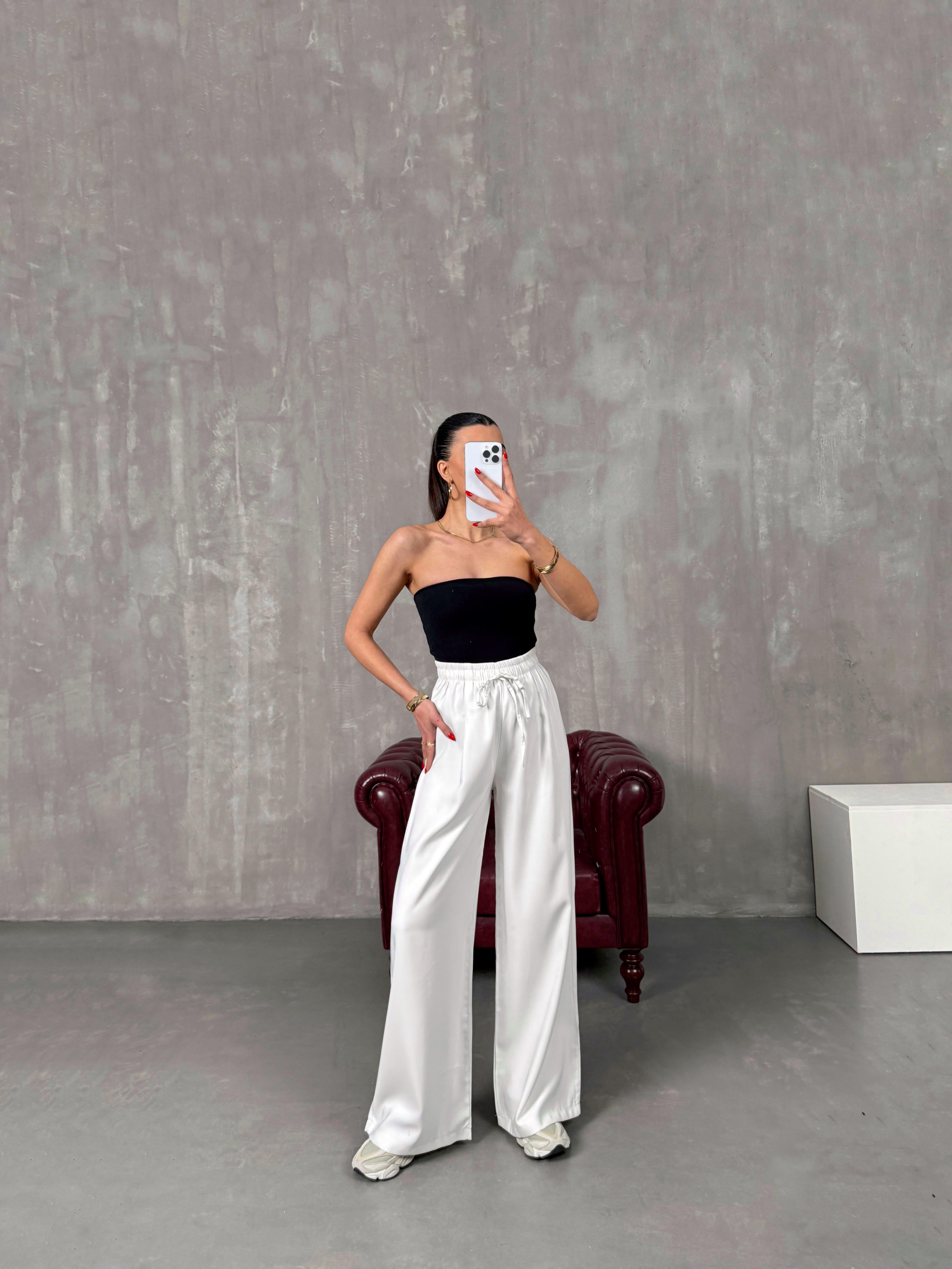 سيترا بنطال أبيض قماش تينسيل بخصر مطاطي