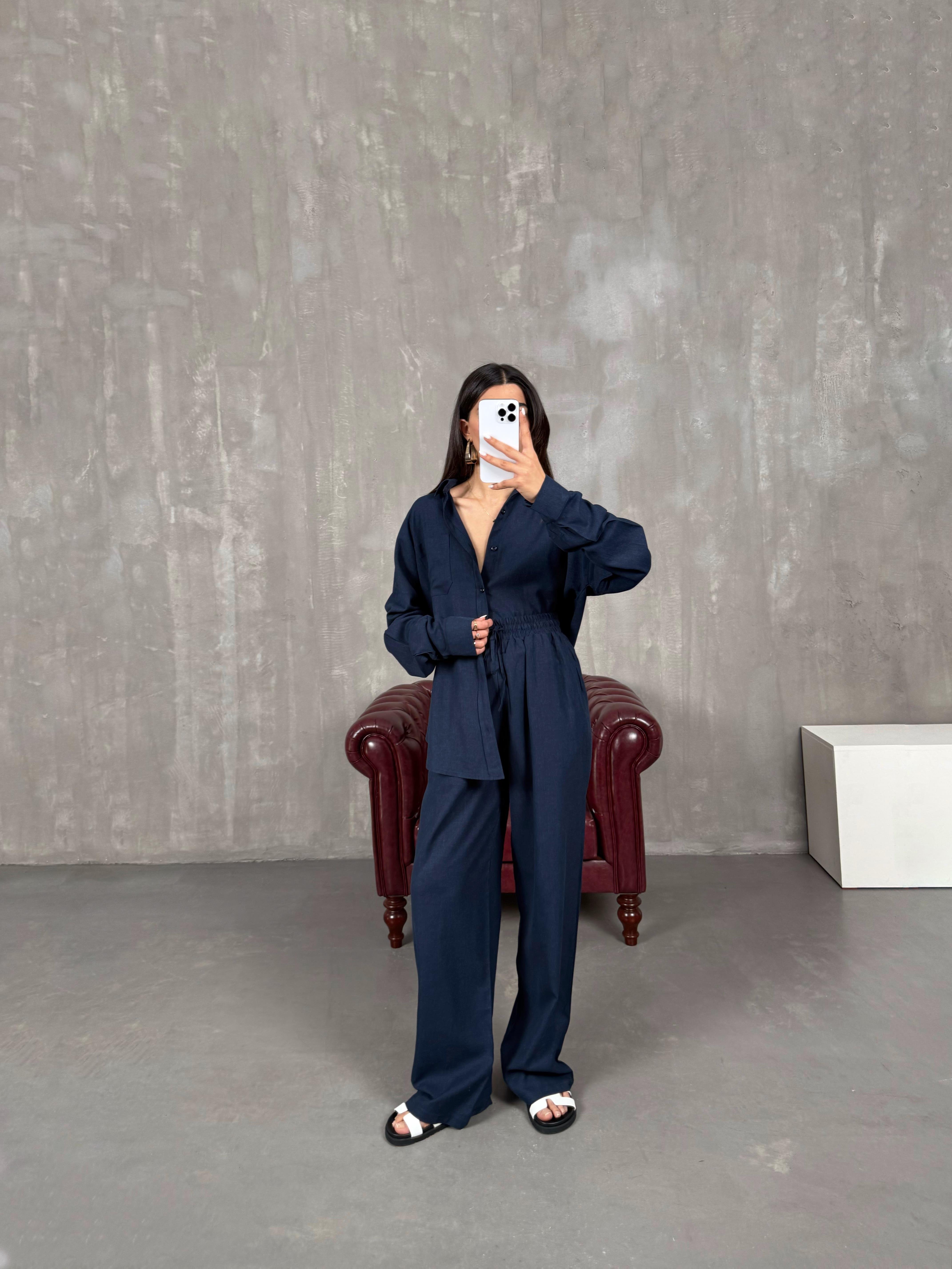 Lacivert Gömlek Pantolon Keten Muadil Takım Gaus00080