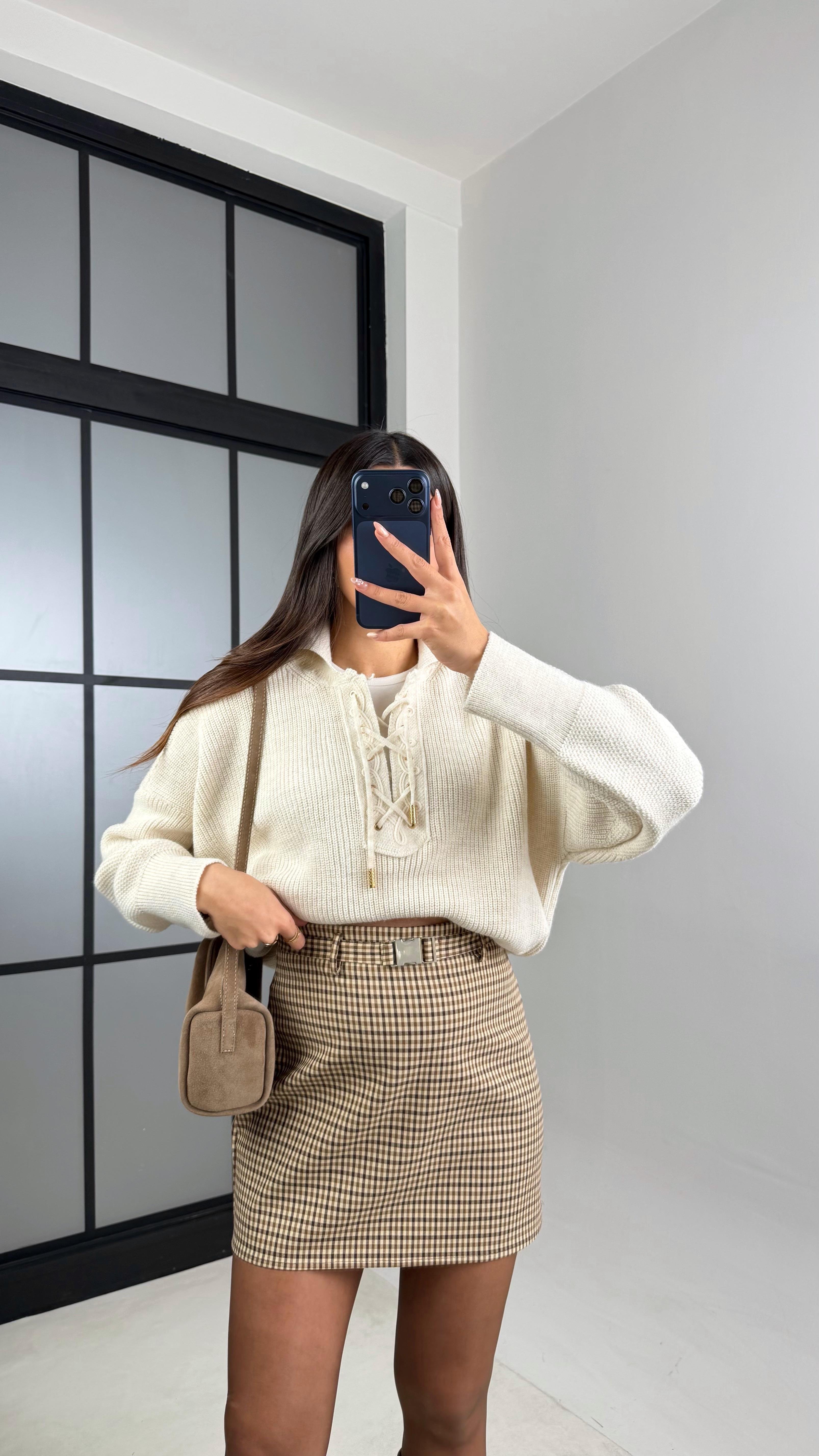 Sarı Pötikare Desenli Kemerli Etek GAUS-00902GAUSETEKGAUS-00902