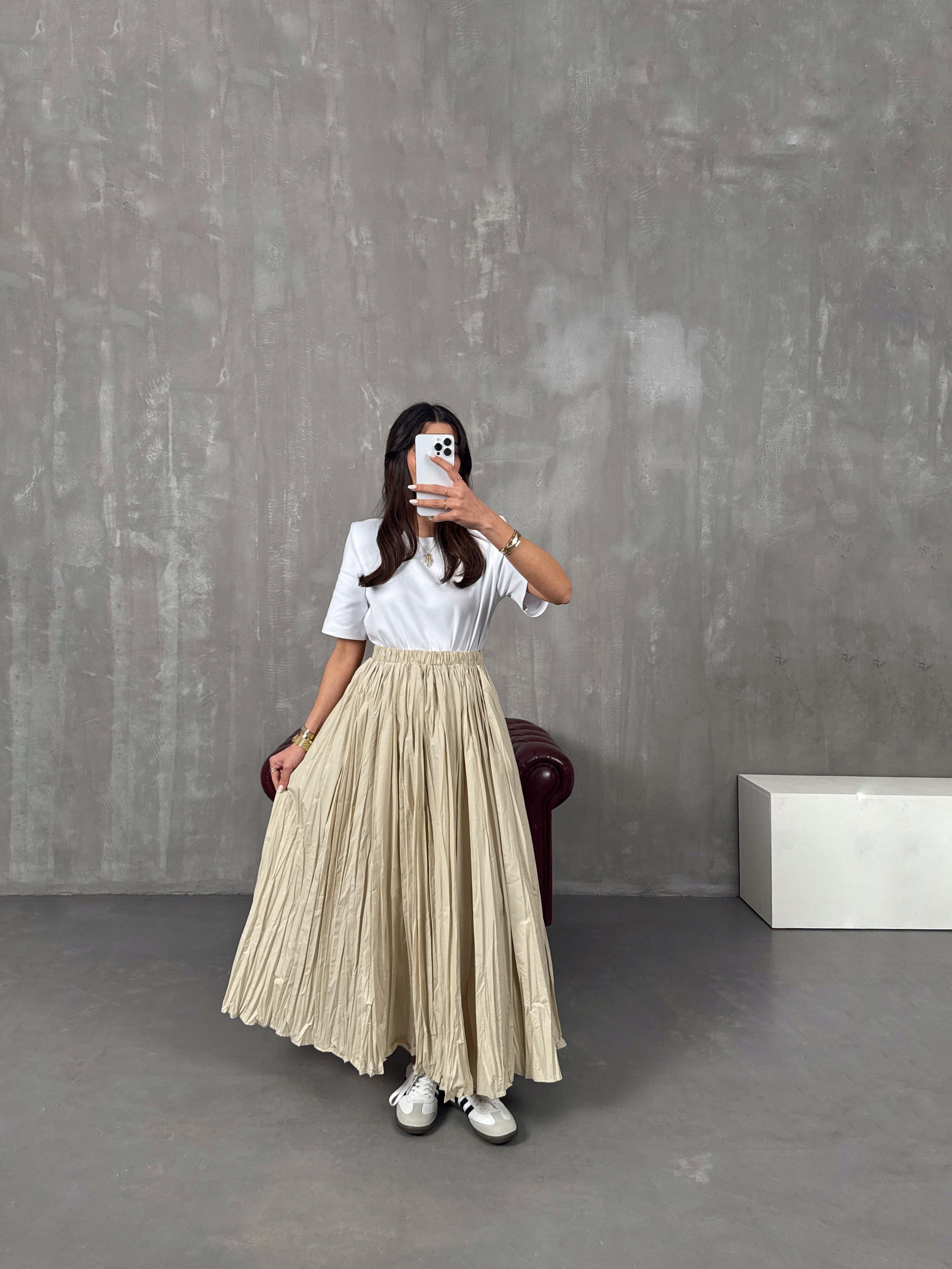 إيسا تنورة ماكسي كراش قماش مجعّد لون حجري