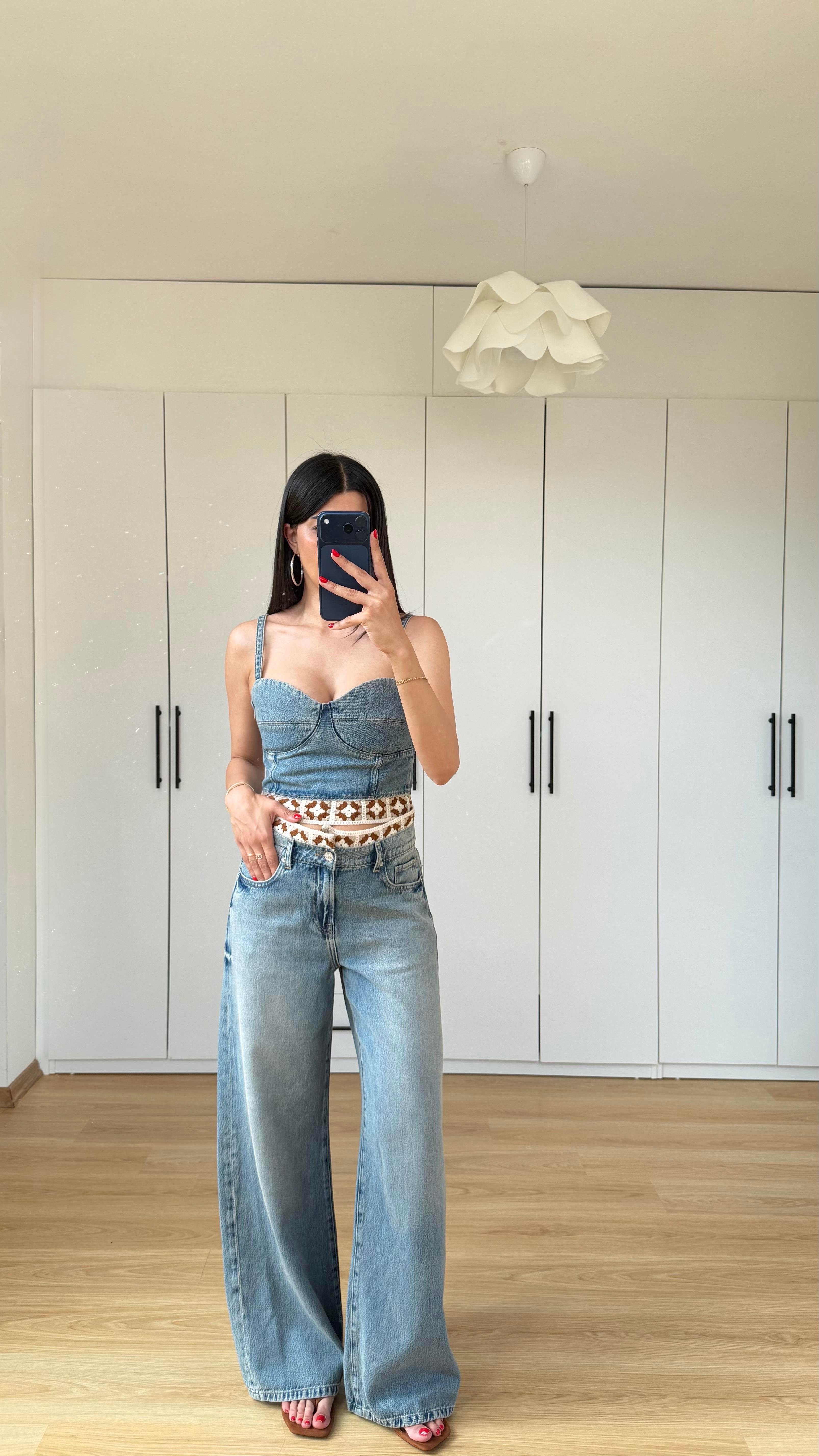 Mavi Nakış Detaylı Crop Pantolon İkili Denim Takım GAUS-01596GAUSTAKIMGAUS-01596