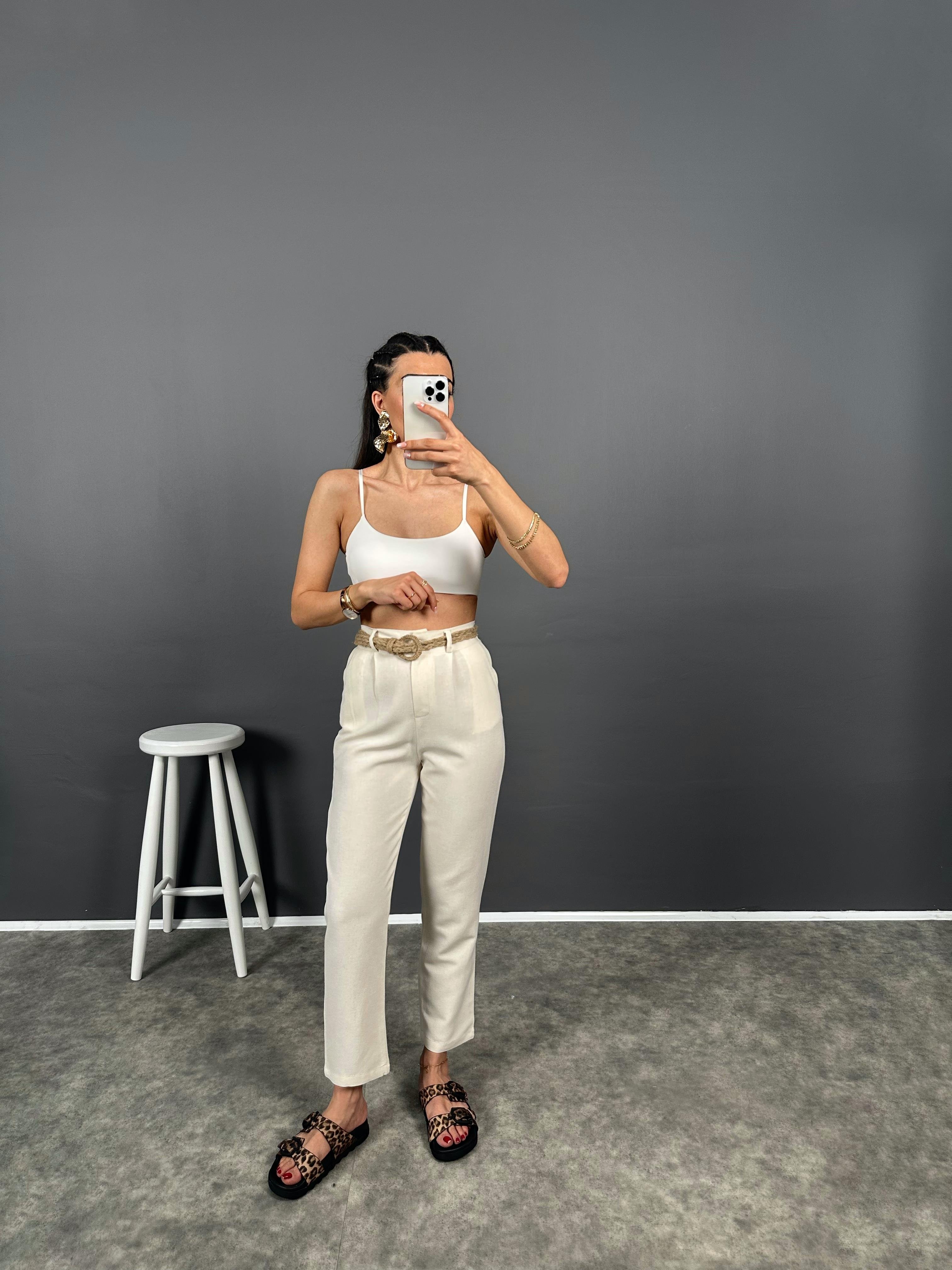 Elvin Taş Hasır Kemerli Beli Lastikli Pantolon GausPANTOLONGU008190