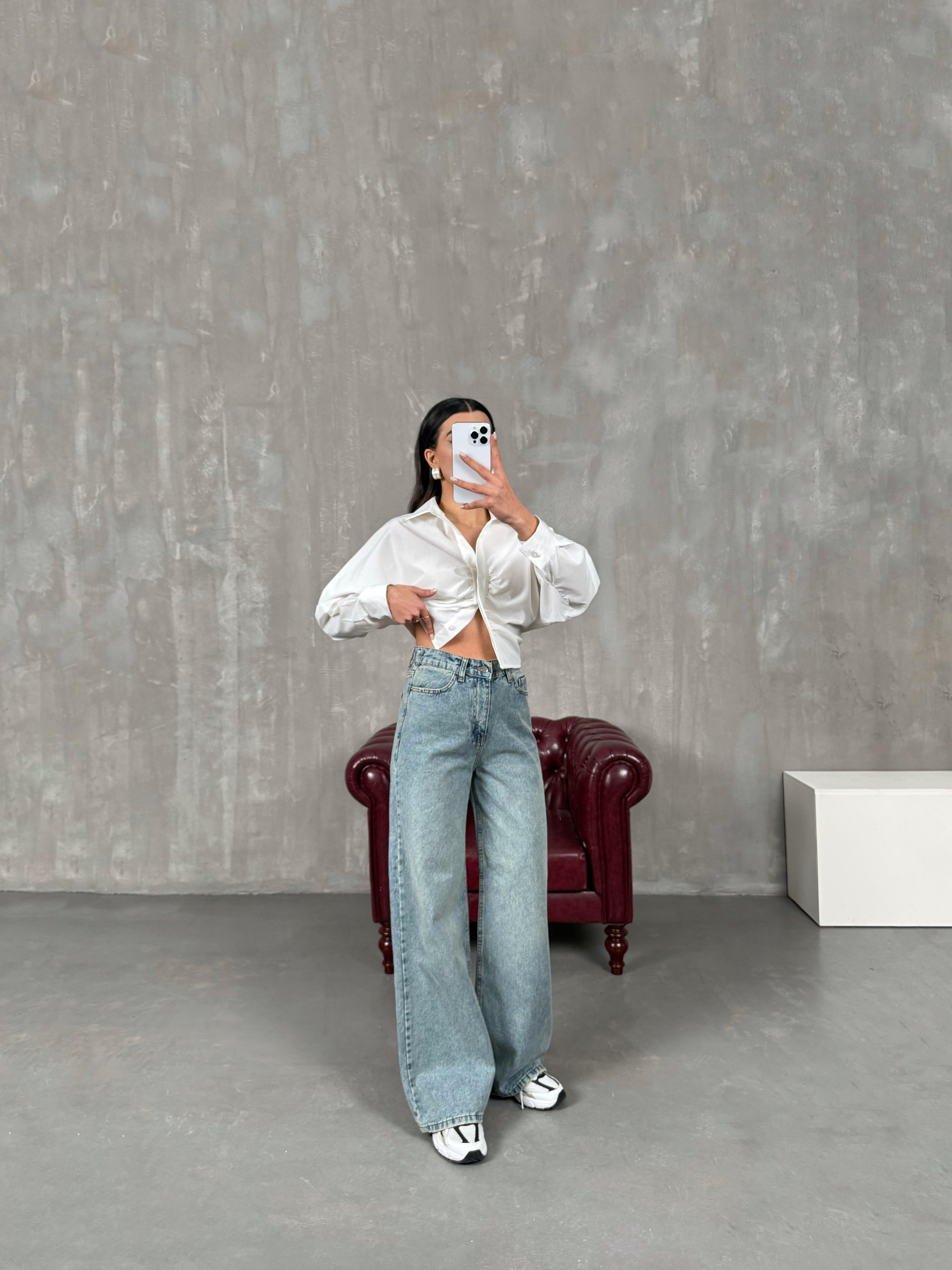 Garden Orta Mavi Belden Lastikli Wide Leg Jean