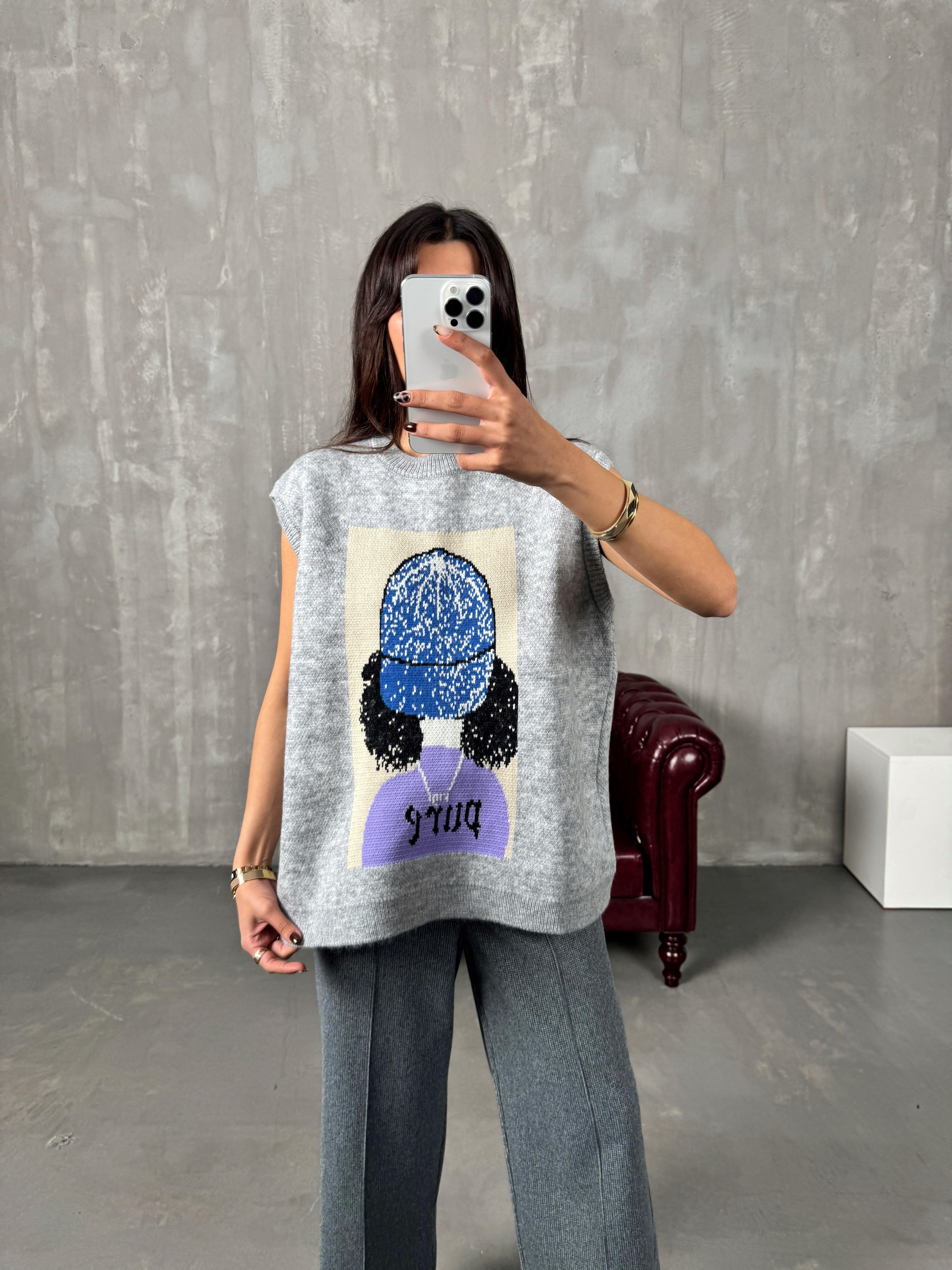 KN Gri Pure Baskılı Süveter