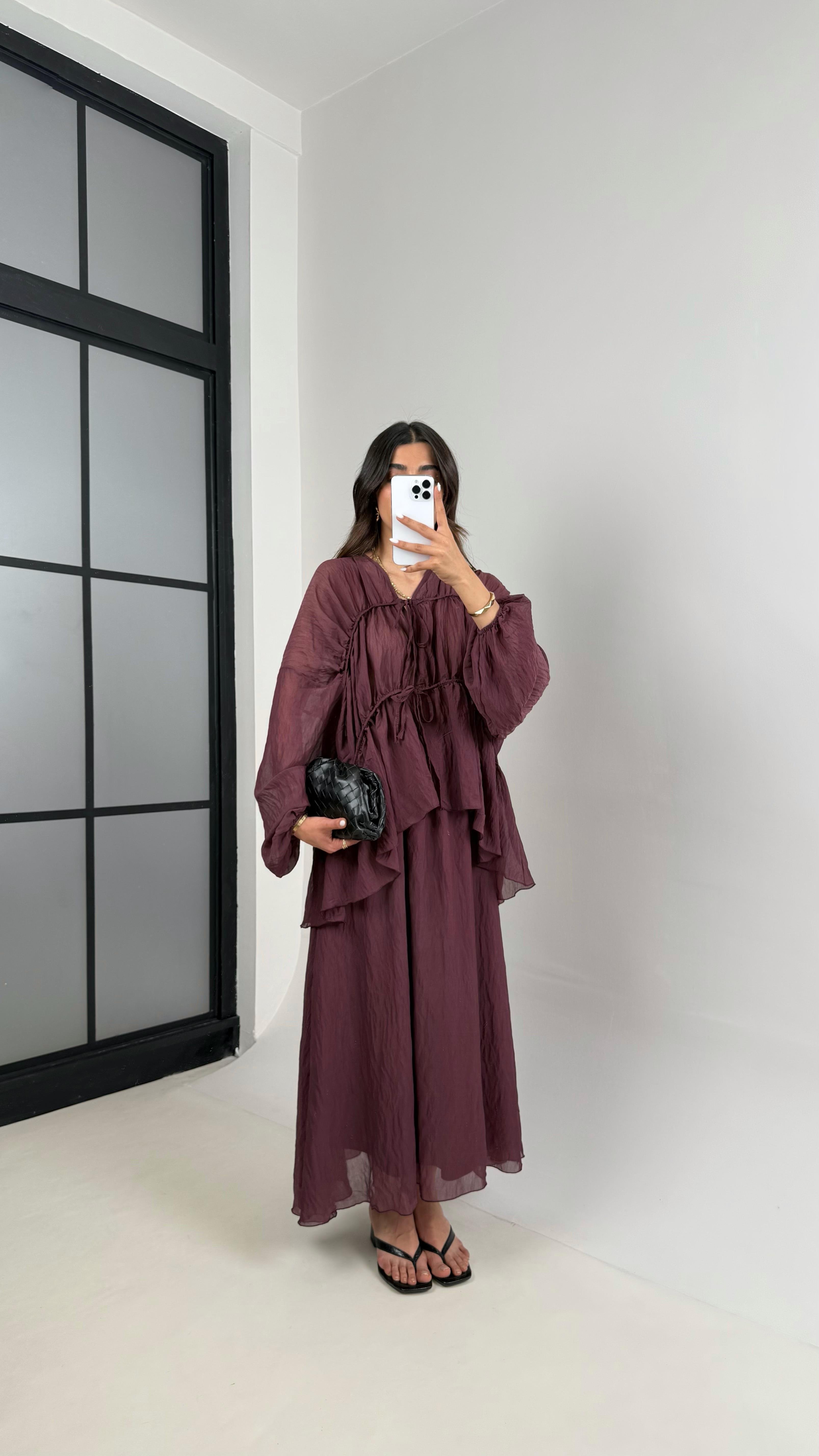 Mürdüm Gipeli Önden Bağlamalı Üst Astarlı Etek İkili Kırışık Kumaş Takım Gaus00426GausTAKIMGU1001992