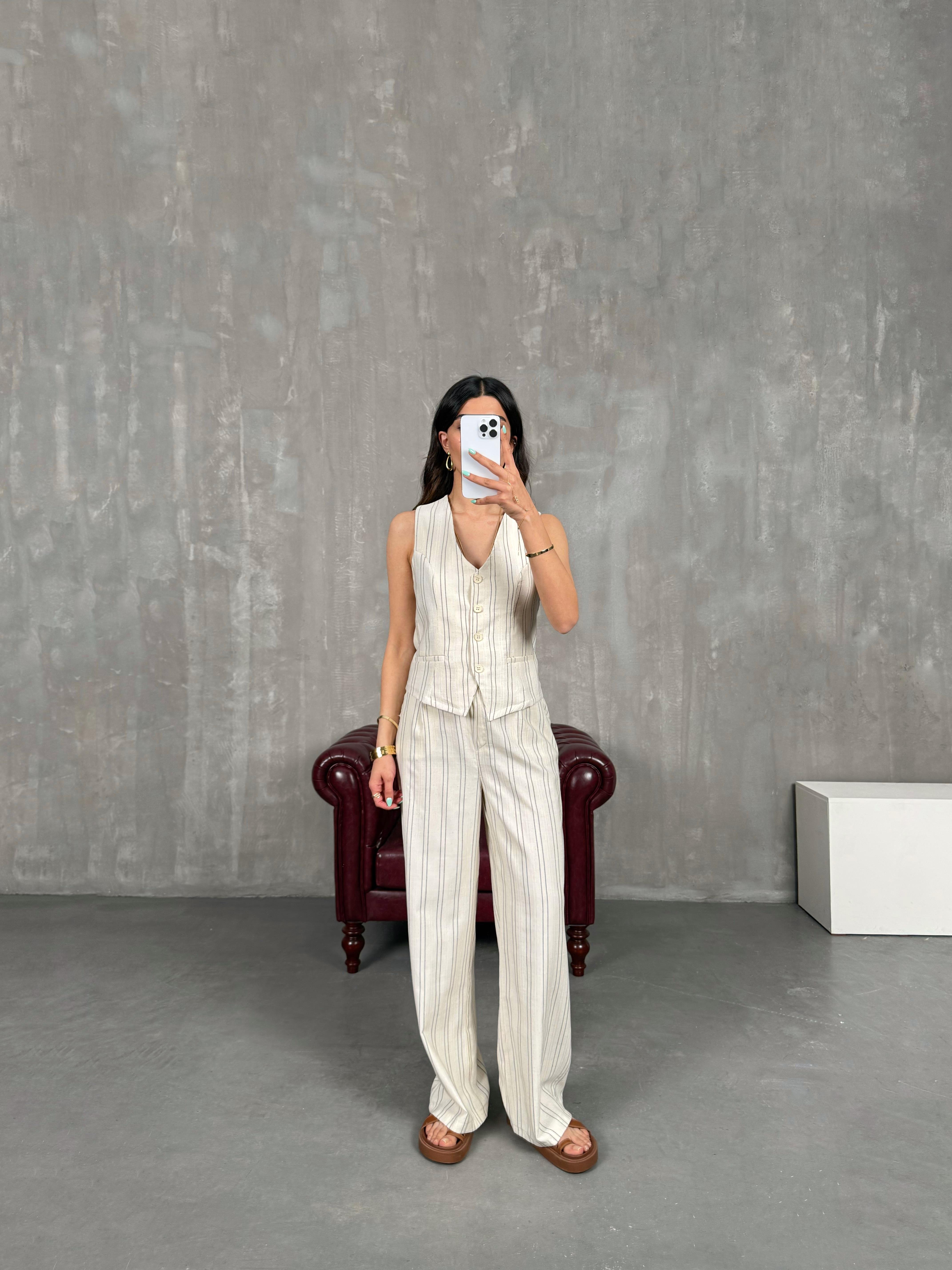 Taş Siyah Çizgili Yelekli Keten Takım Gaus00231GausTAKIMGU1001531