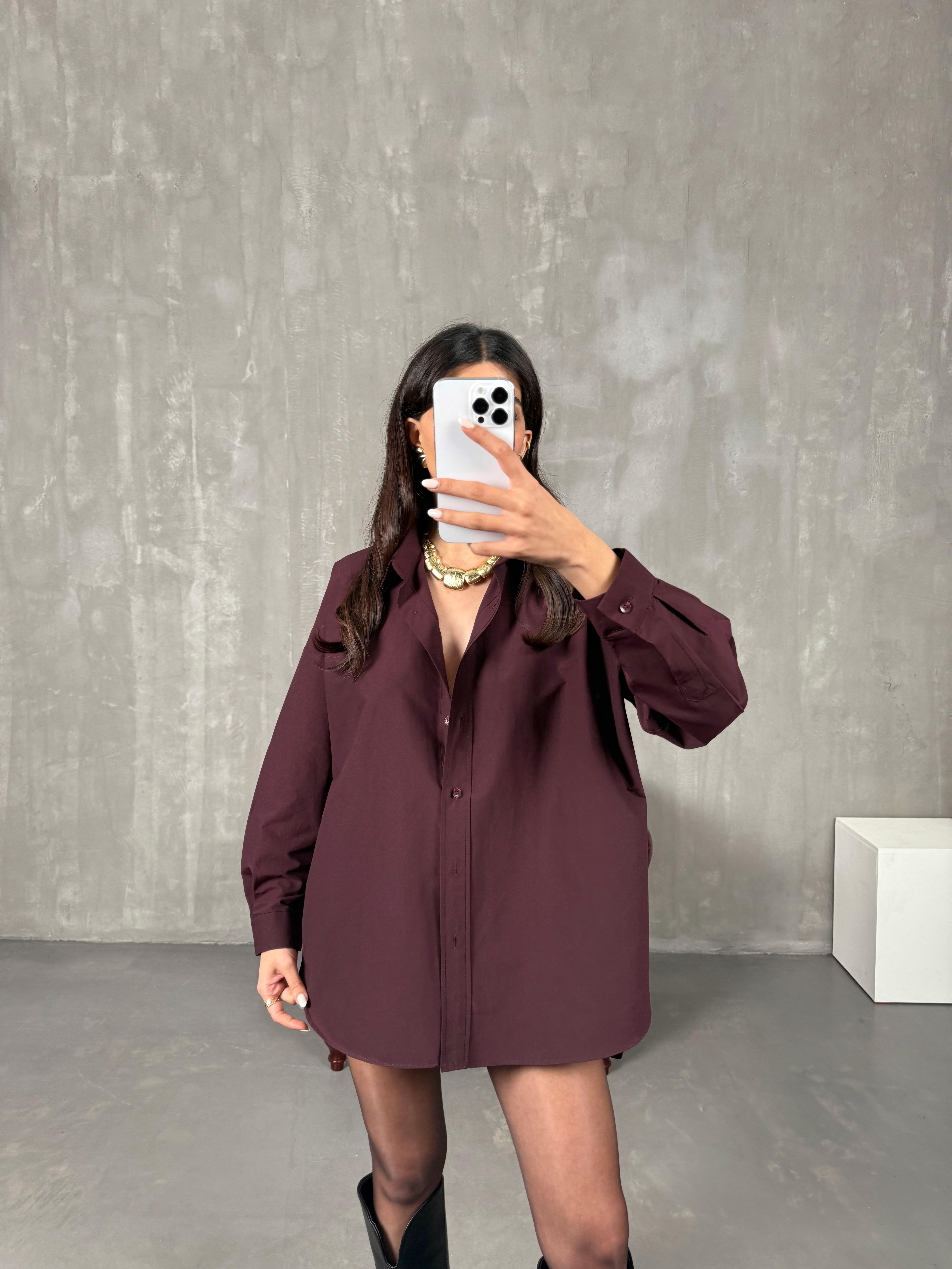 Zela Bordo Pamuklu Oversize GömlekGausGÖMLEKGU100246