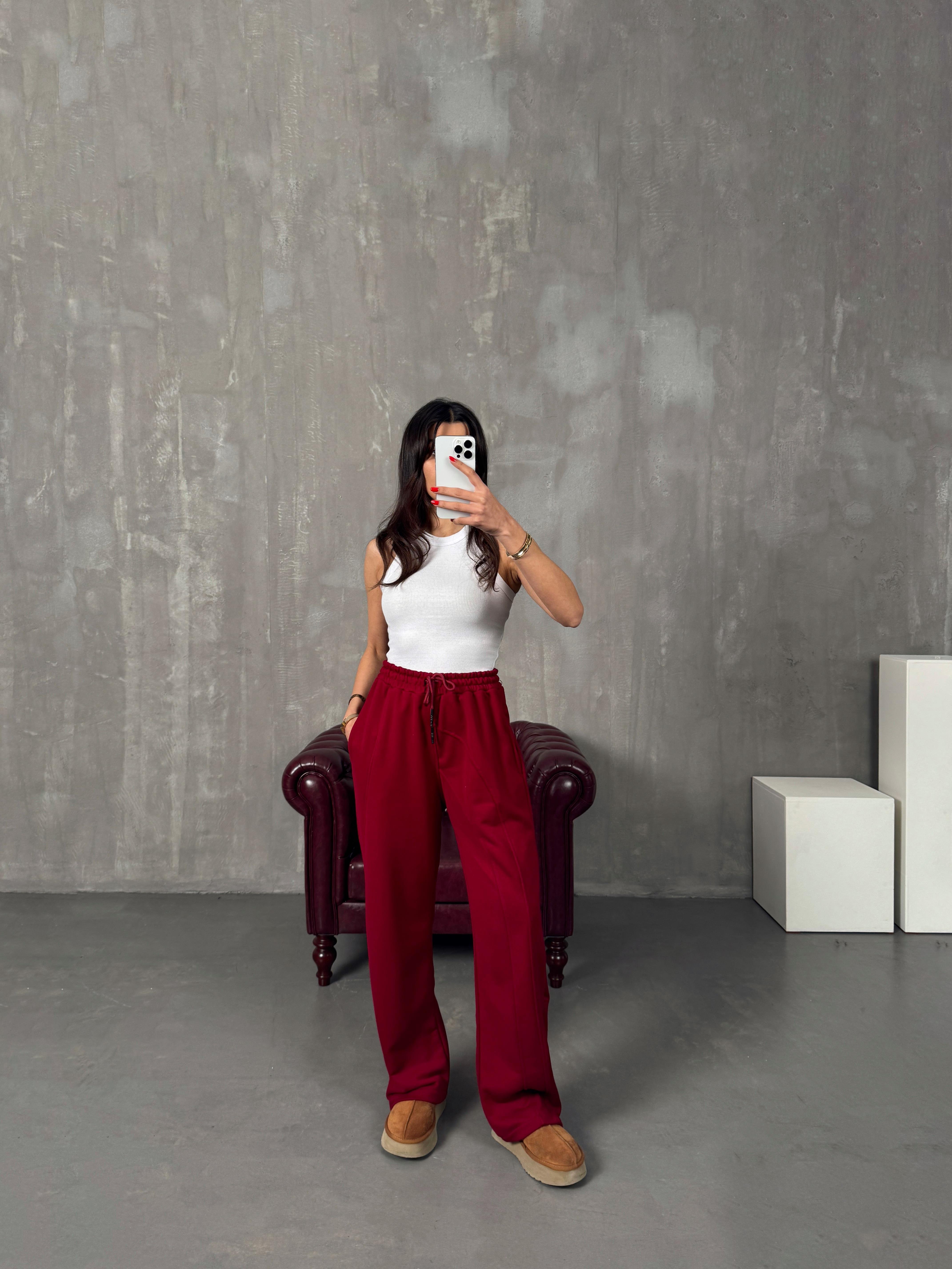 Brow Bordo Üç İplik Şardonsuz Fermuar Paçalı Eşofman AltıGausEŞOFMANGU00904250