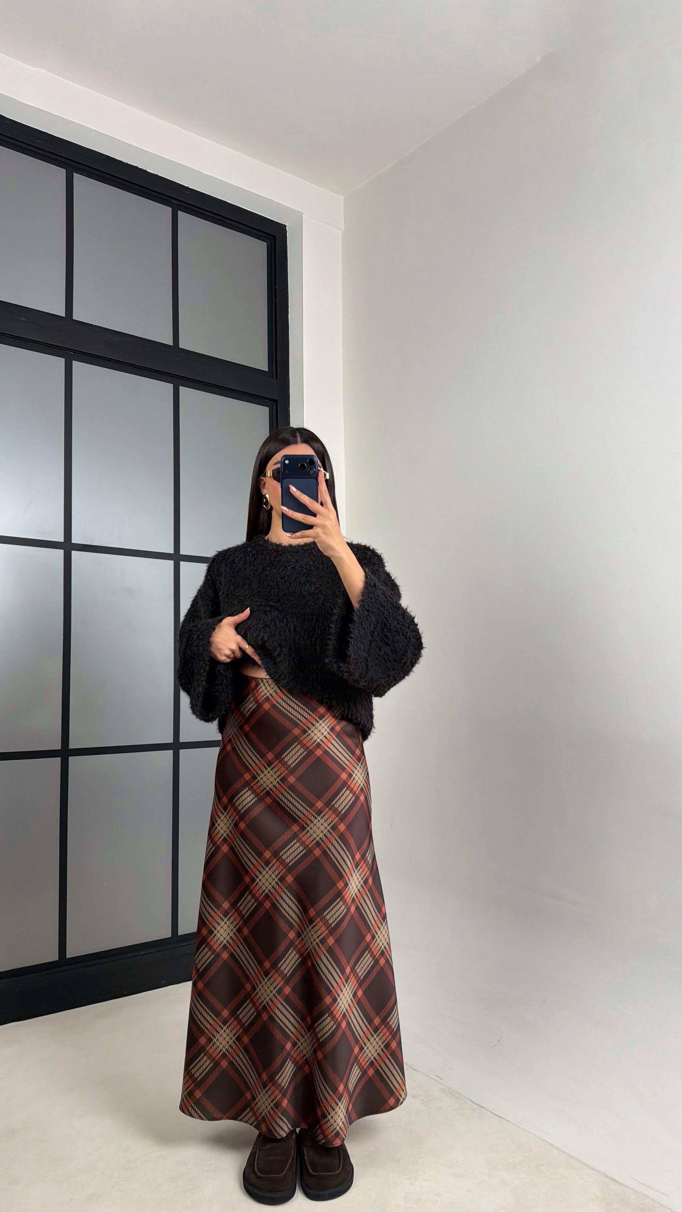 Kahve Ekose Desenli Beli Lastikli Saten Etek GAUS-00820 GAUS-00819GAUSETEKGAUS-00820