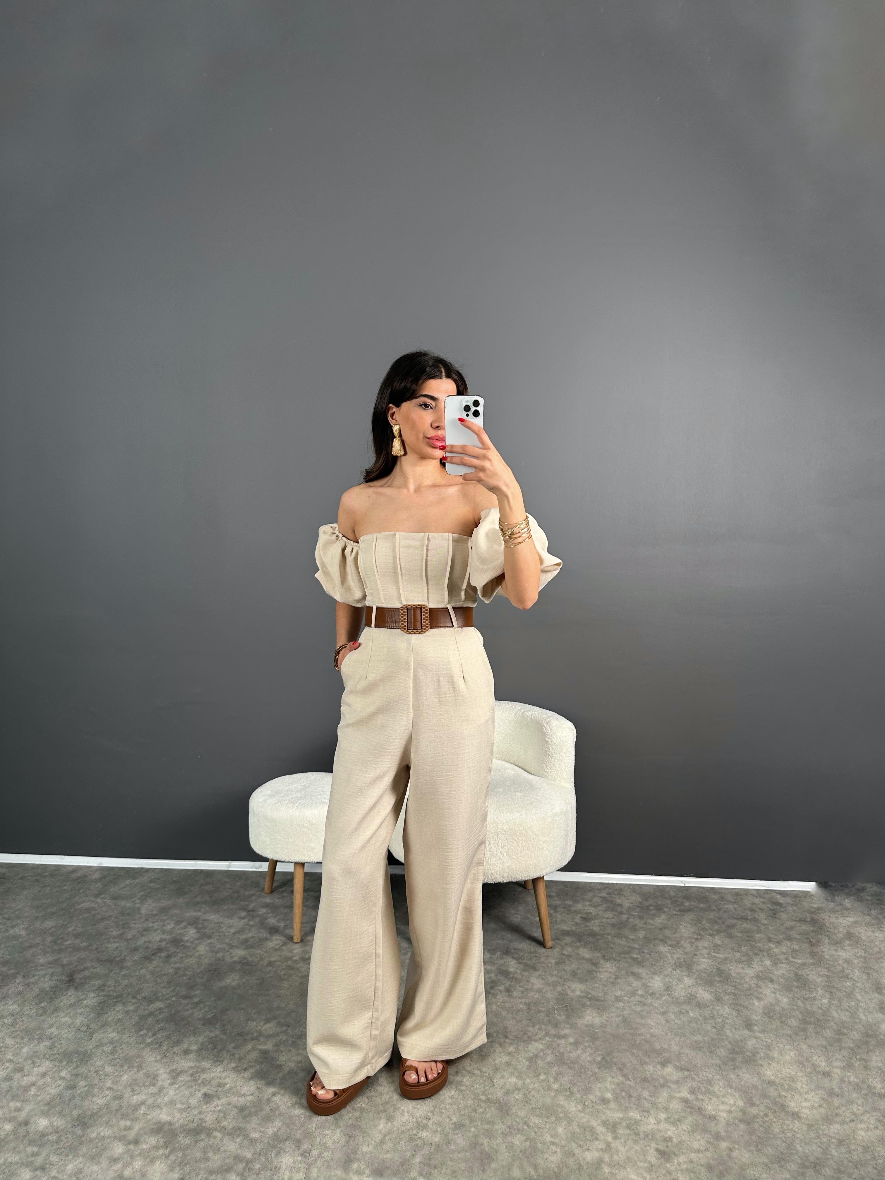 Nick Taş Keten Kemerli Balon Kol Tulum 