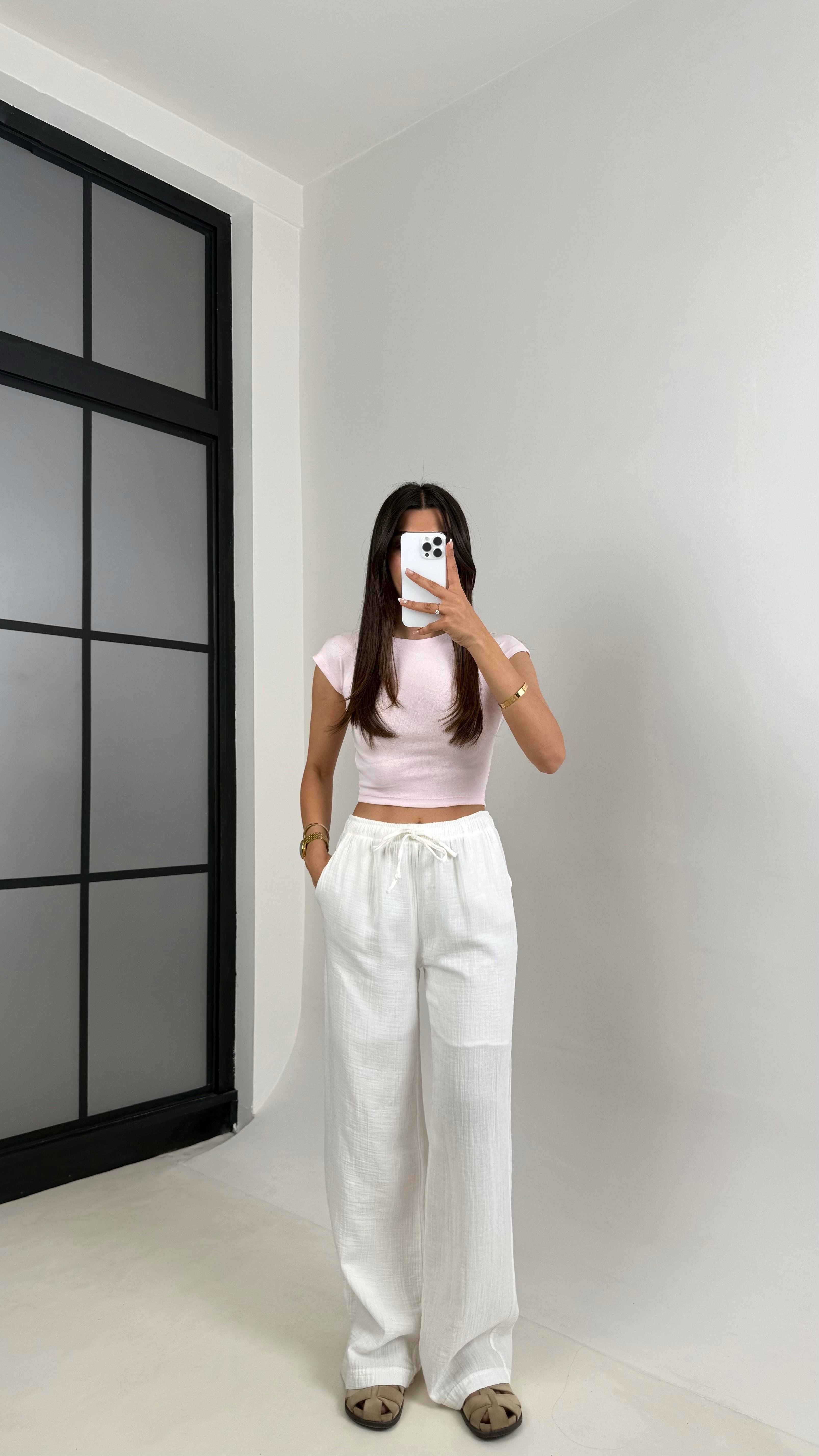 Beyaz Beli Lastikli Müslin Pantolon Gaus00586GausPANTOLONGU1002368