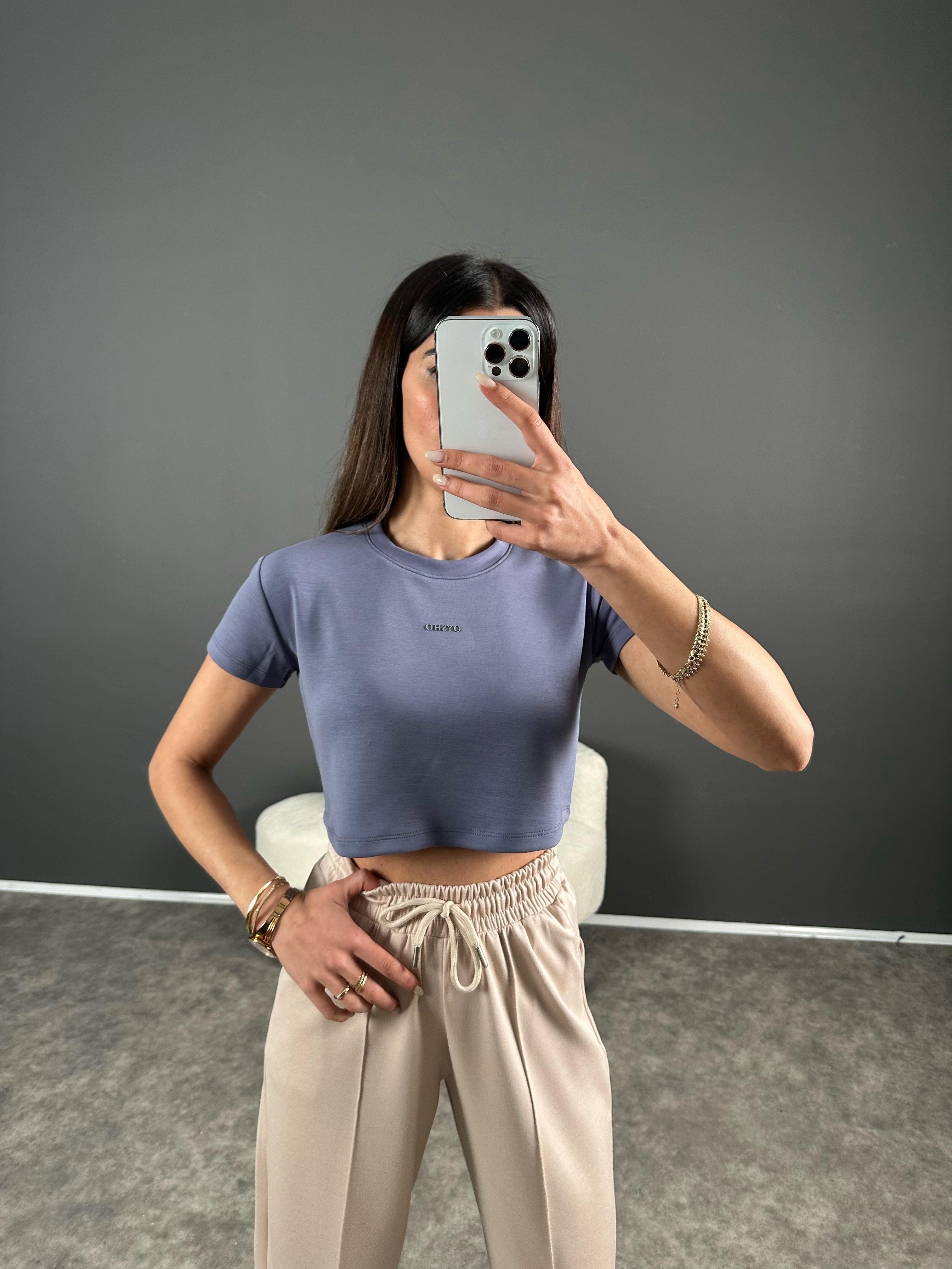 Oysh İndigo Mavi Modal Kumaş Baskılı Tshirt