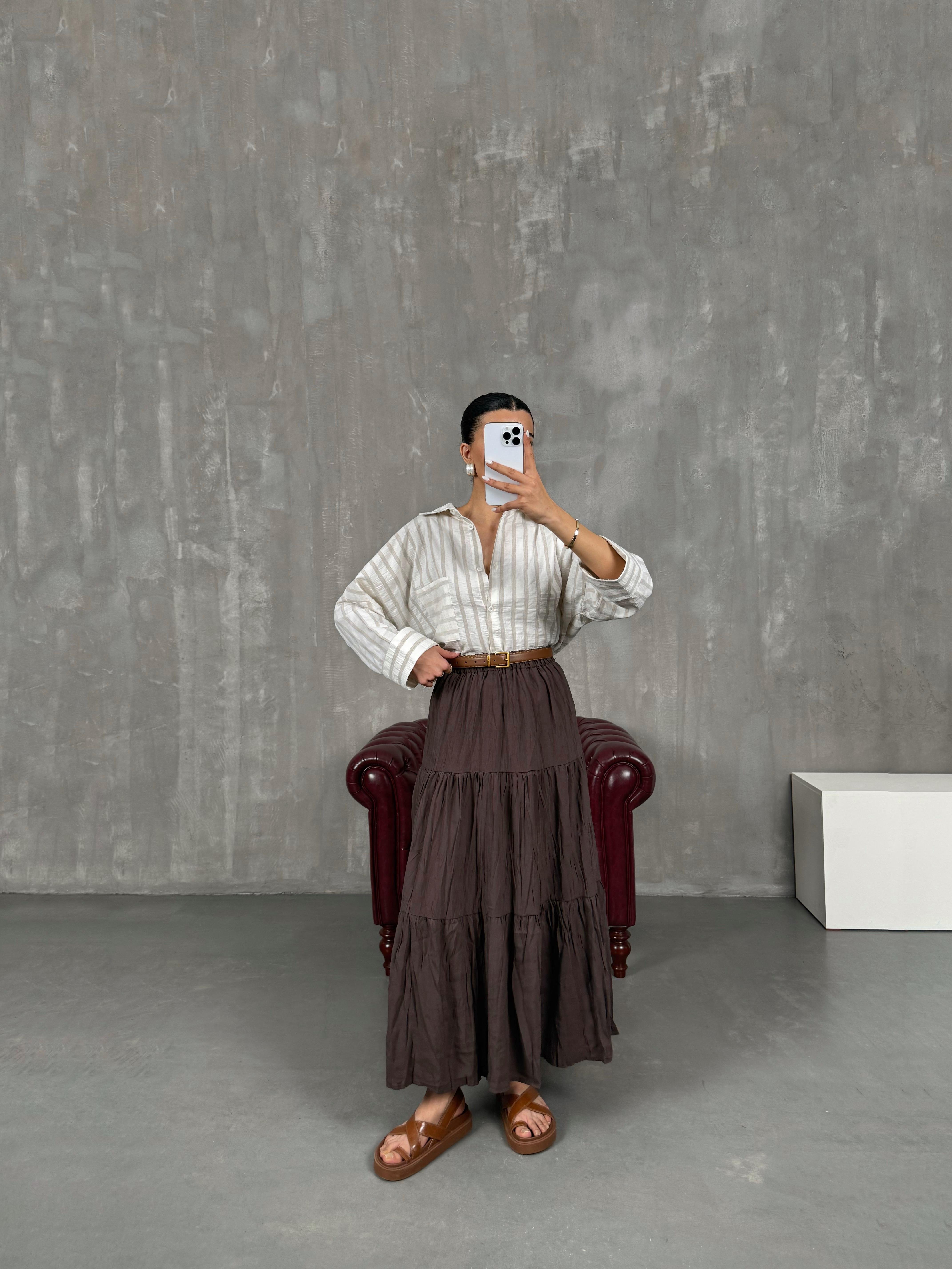 Kahve Beli Lastikli Kırışık Kloş Etek Gaus00018