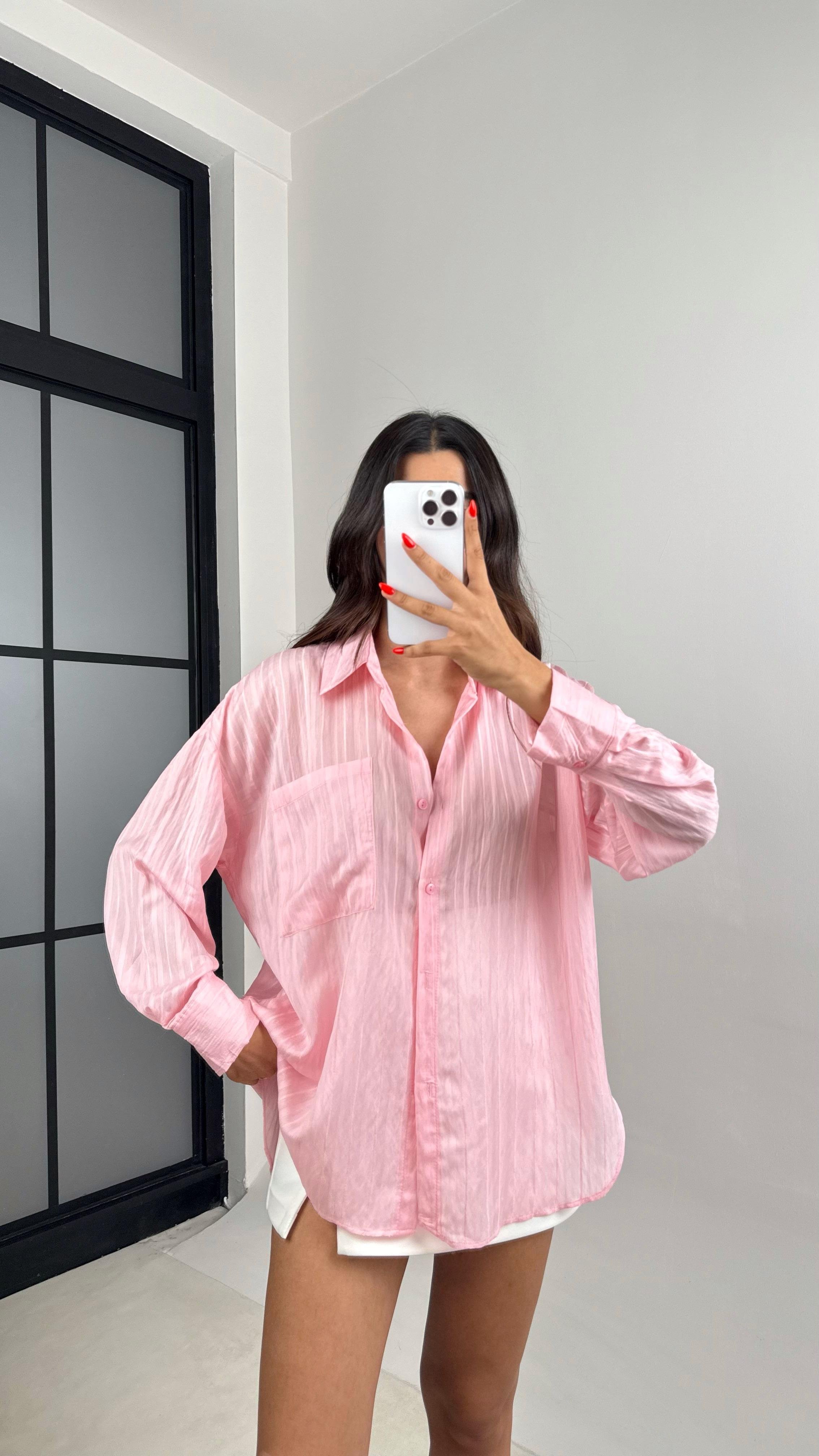 Pembe Şerit Desenli Kırışık Tencel Gömlek GAUS-0032GAUSGÖMLEKGAUS-0032
