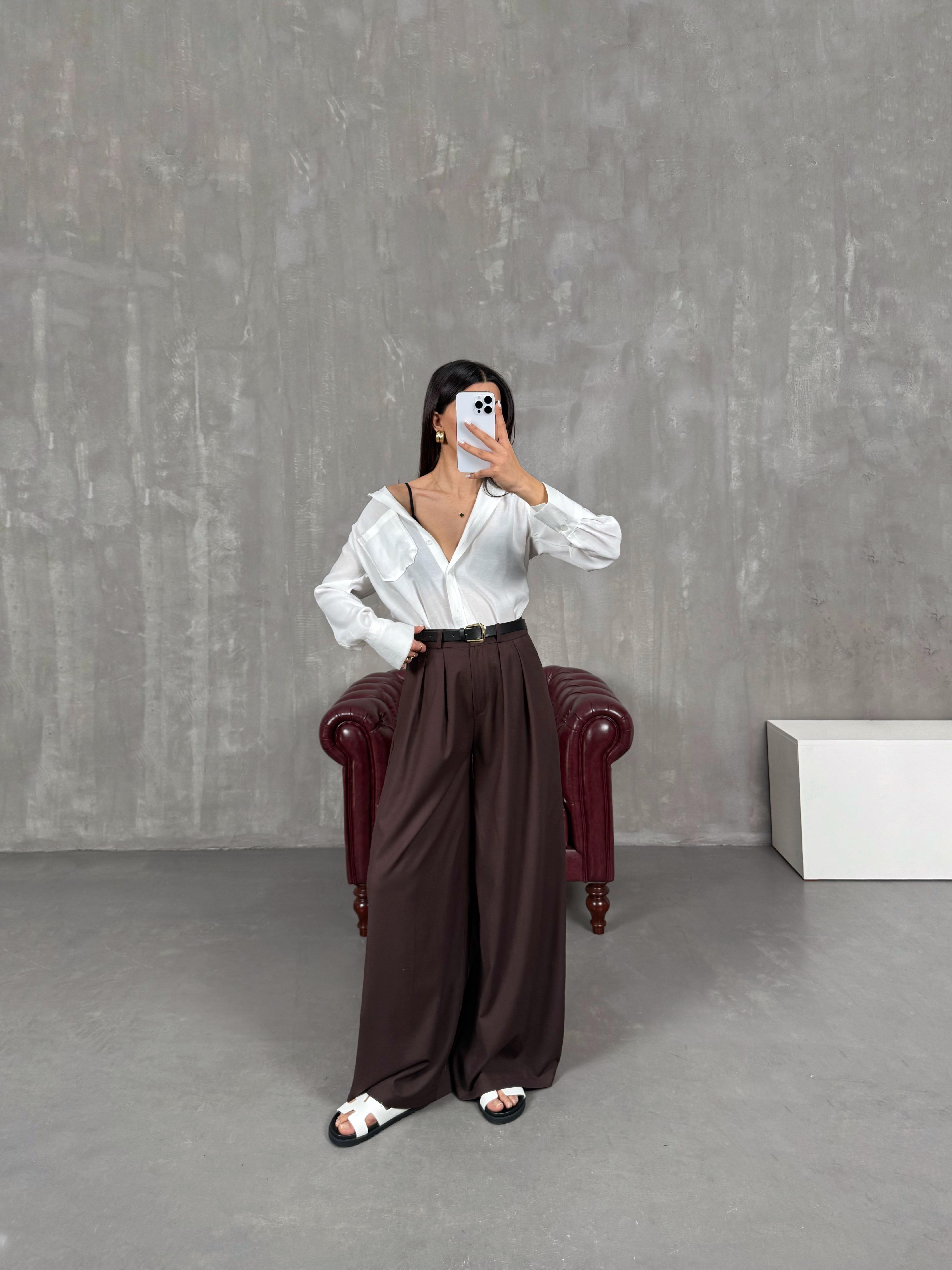 Acı Kahve Kemerli Bol Paça Pantolon Gaus00076