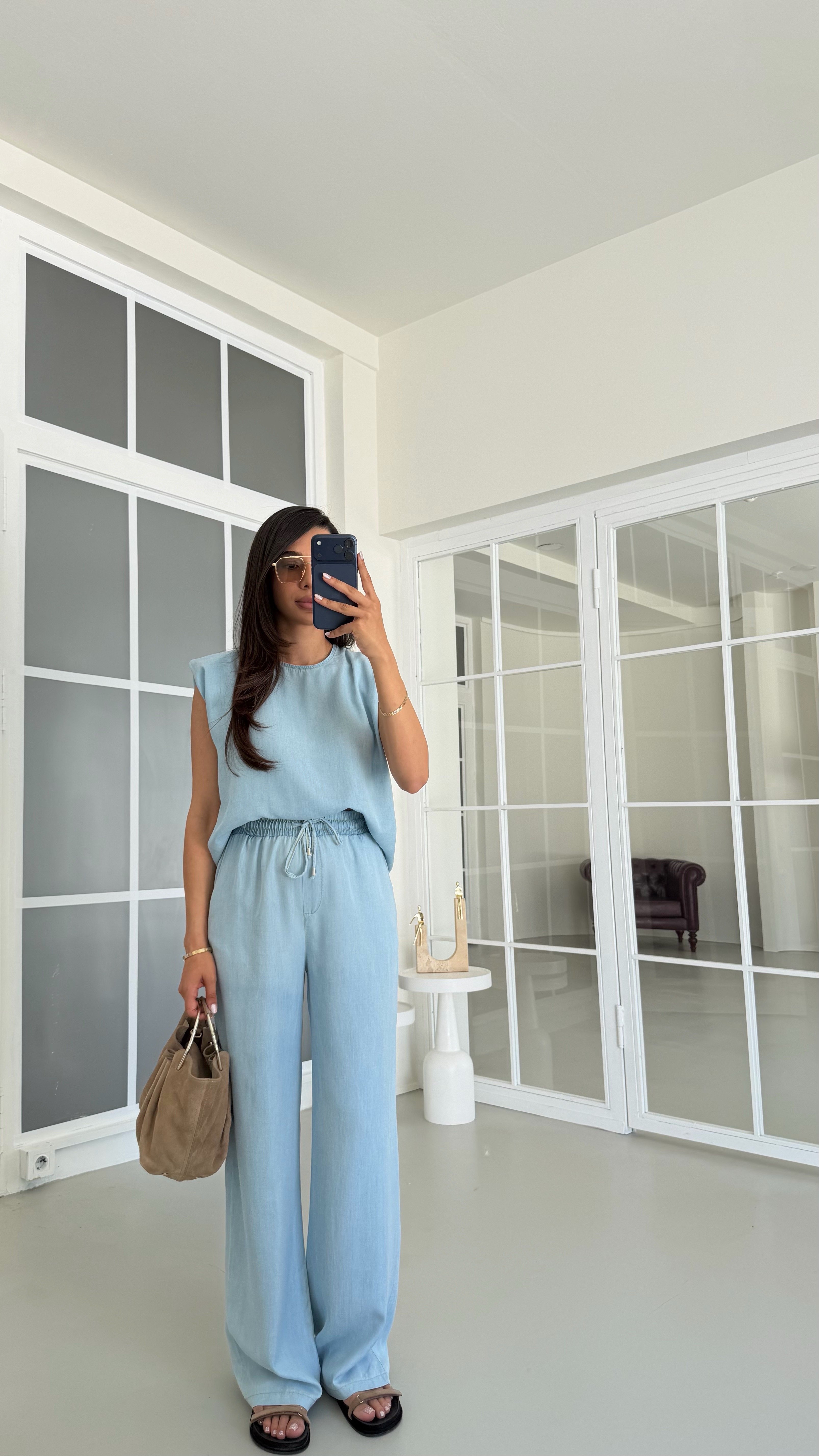 Mavi Vatkalı Bluz Beli Lastikli Pantolon İkili Tencel Denim Takım GAUS-01730GAUSTAKIMGAUS-01730