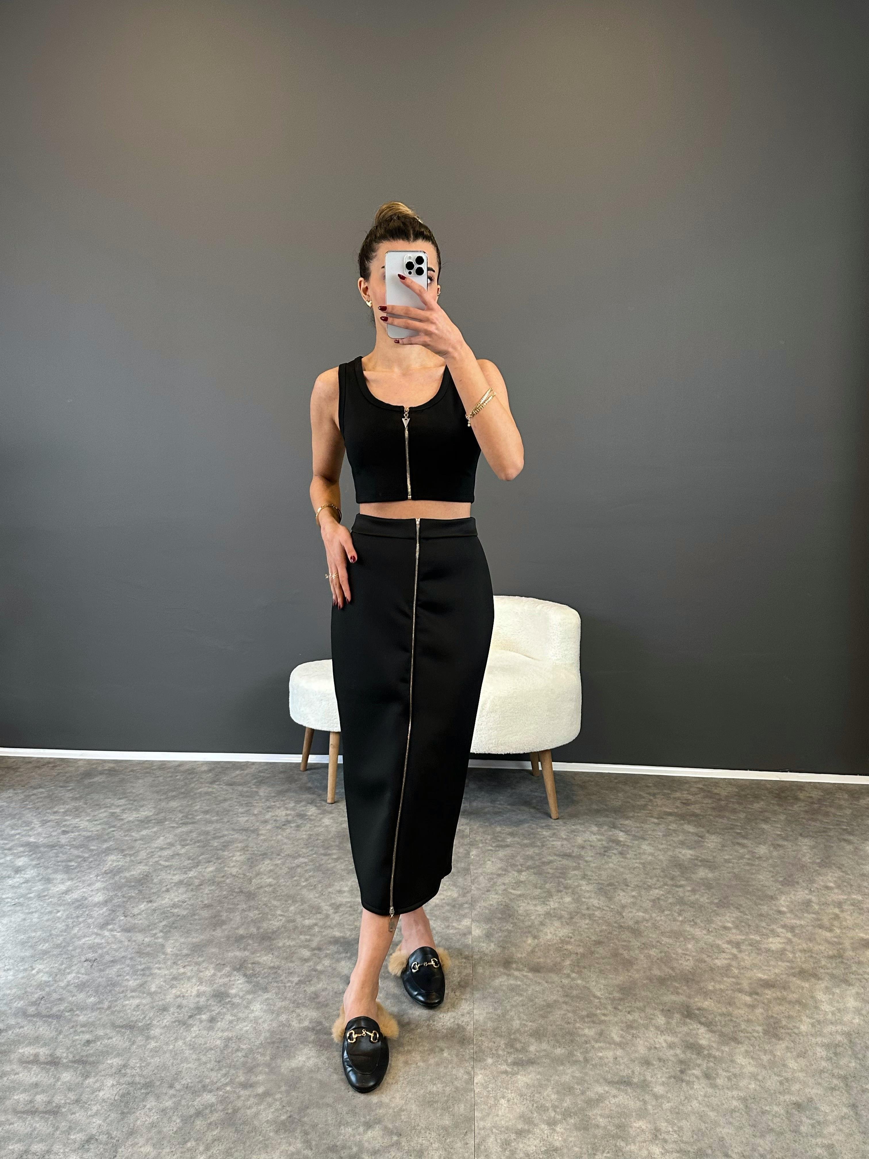 Siyah Fermuarlı Modal Scuba Etek 