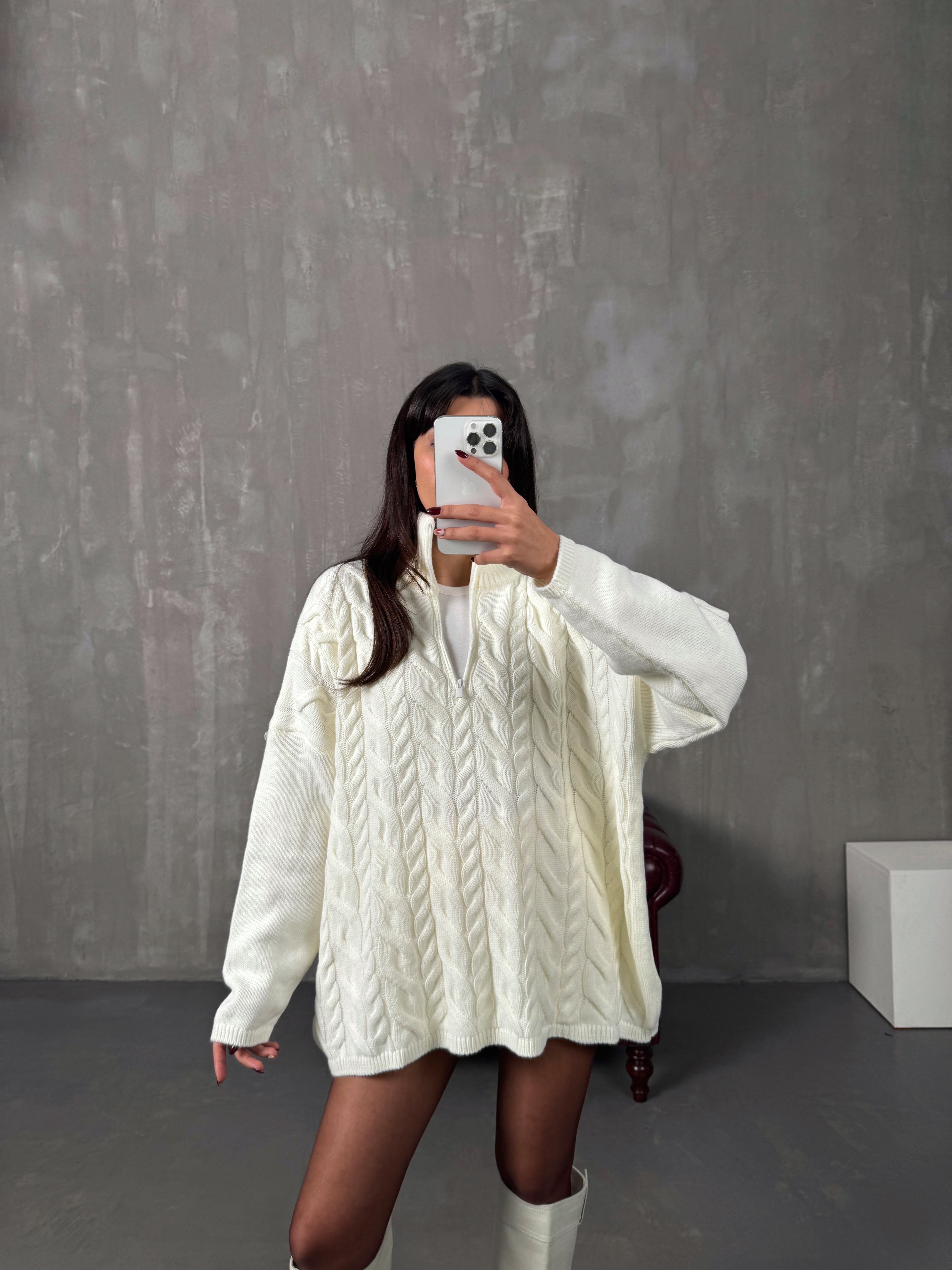 Lipsi Ekru Örgü Detaylı Fermuarlı Oversize Kazak