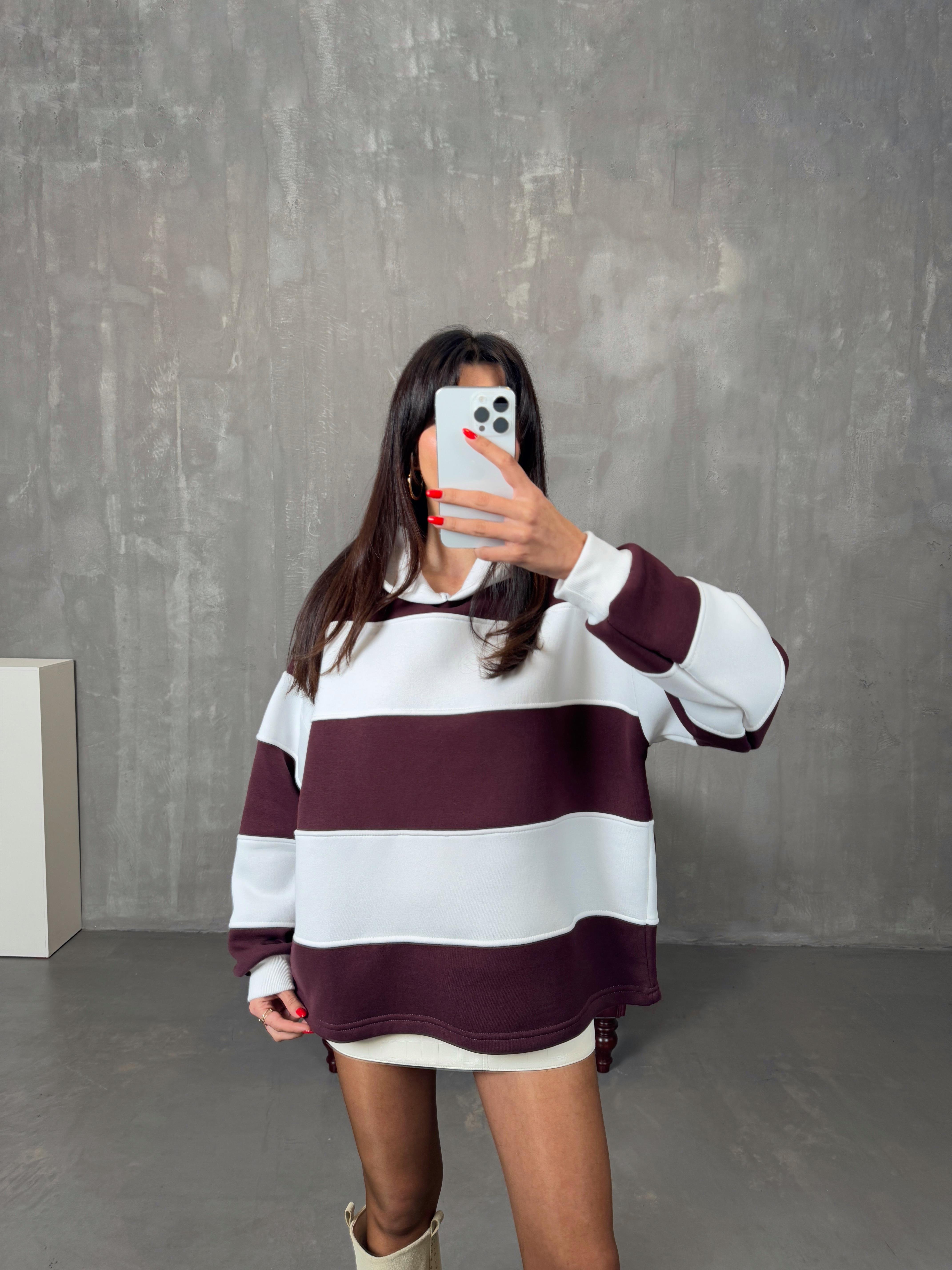 Nicol Bordo Beyaz Çizgili ZR Model Sweatshirt